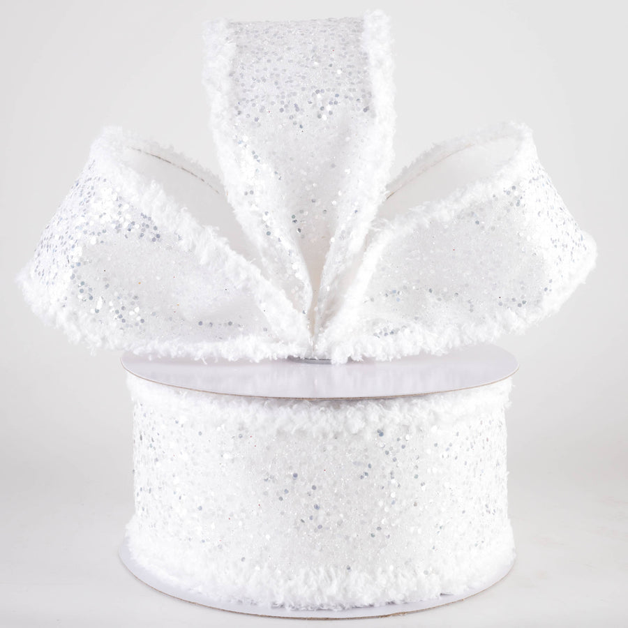 2.5" Large Glitter Snow Edge Ribbon: White (10 Yards)