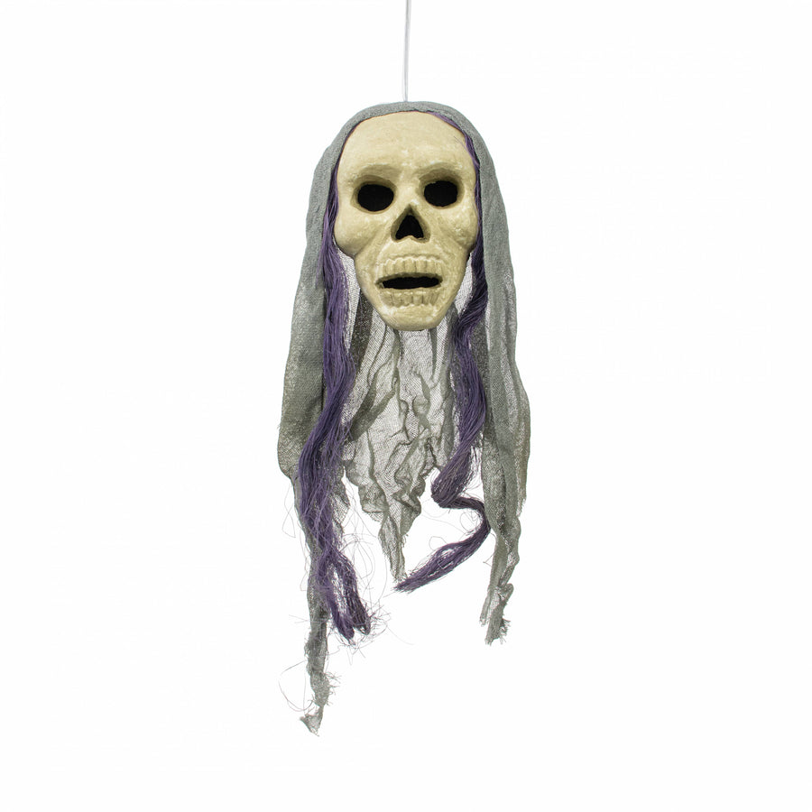 20" x 6" Styrofoam & Burlap Witch Skull: Grey & Purple