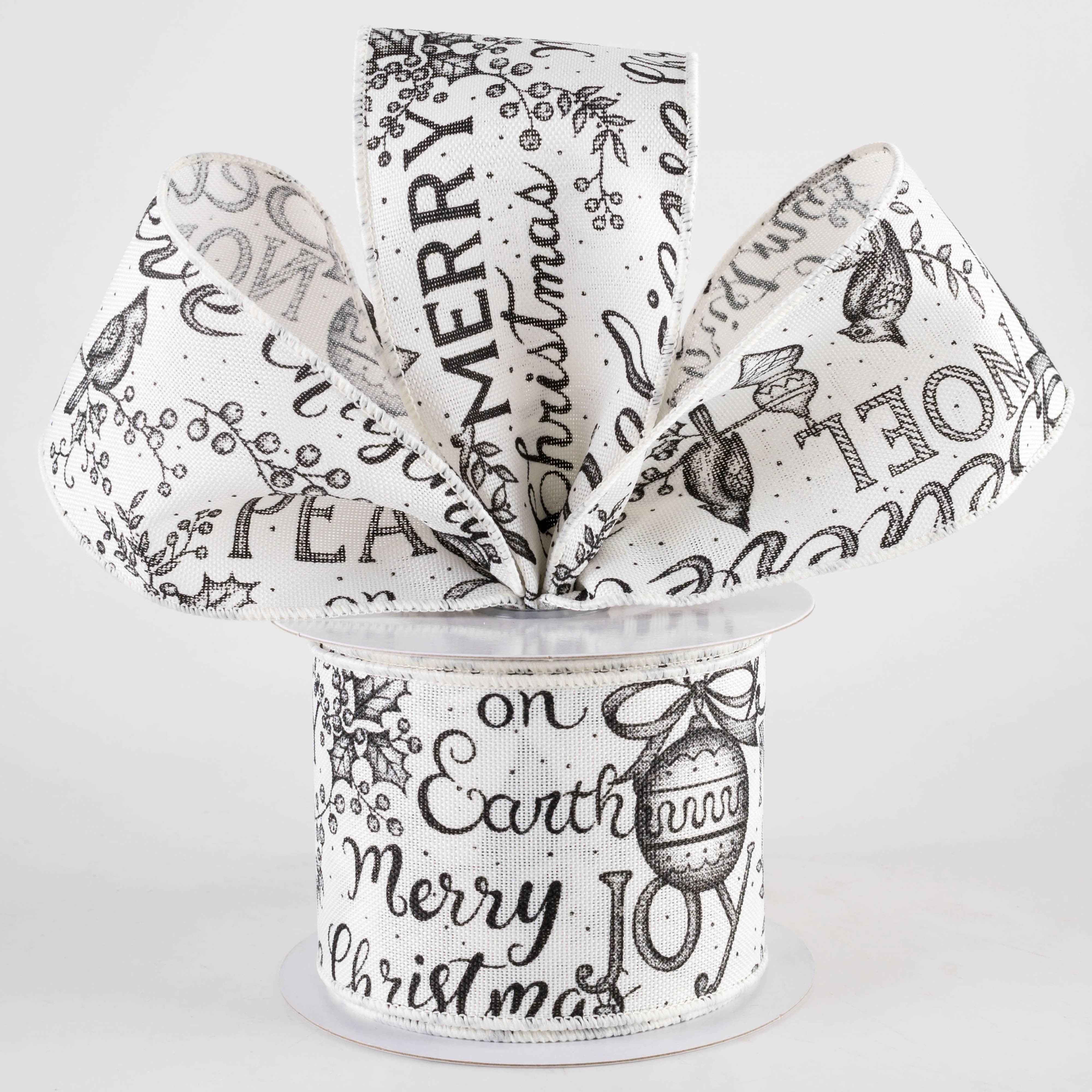 2.5" Christmas Words & Icons Ribbon: Ivory & Black (10 Yards)