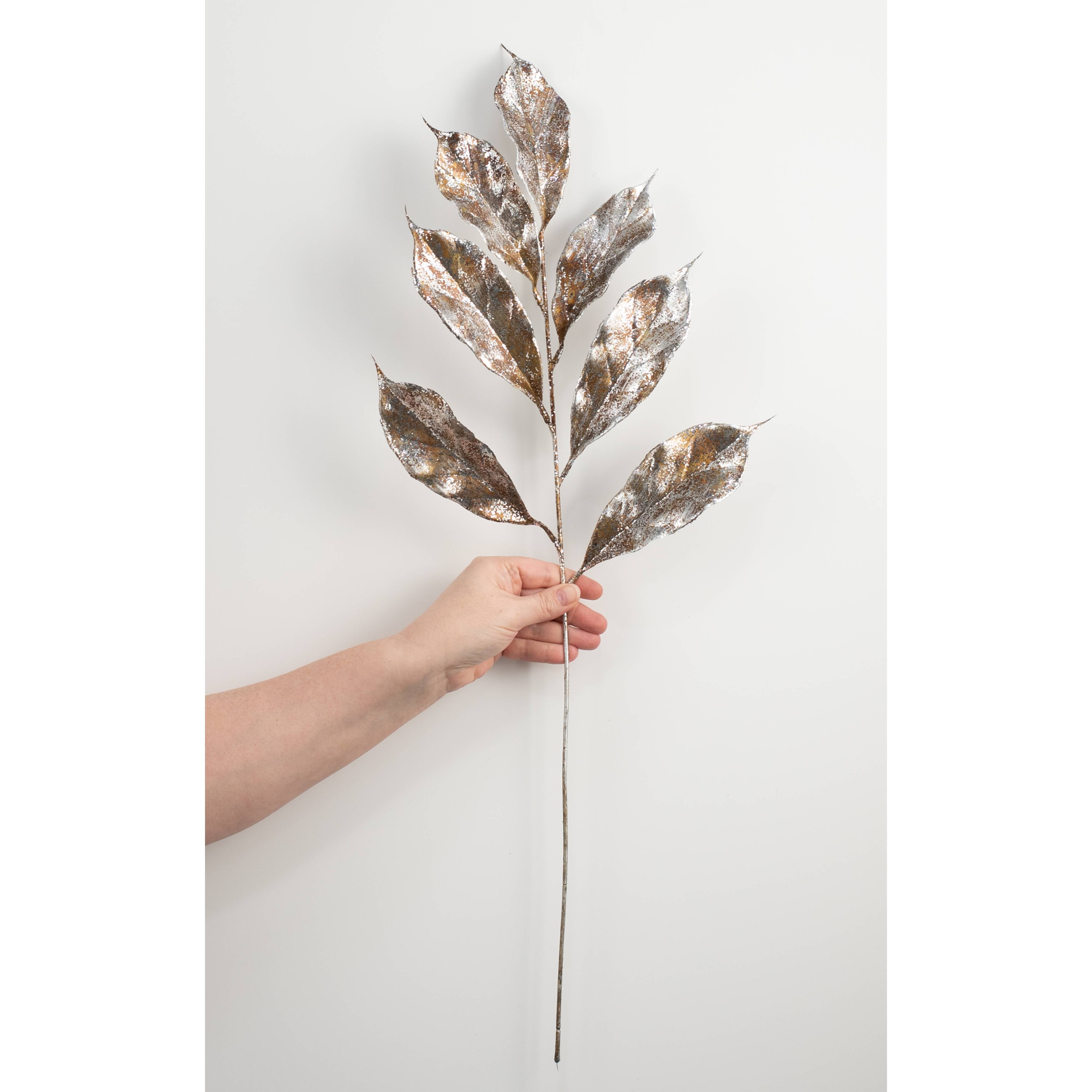 28" Metallic Magnolia Leaves Spray: Brown & Silver