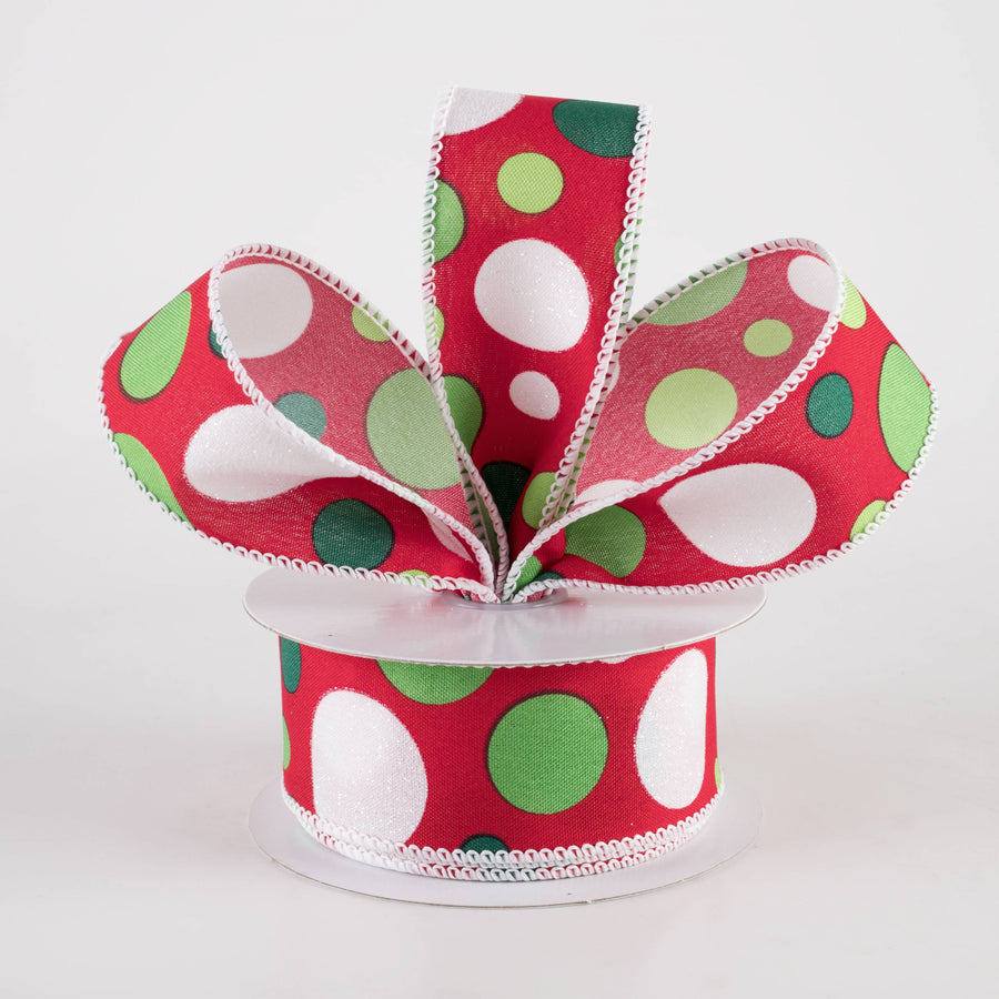 1.5" Varied Polka Dots Ribbon: Lime, Emerald & White on Red (10 Yards)