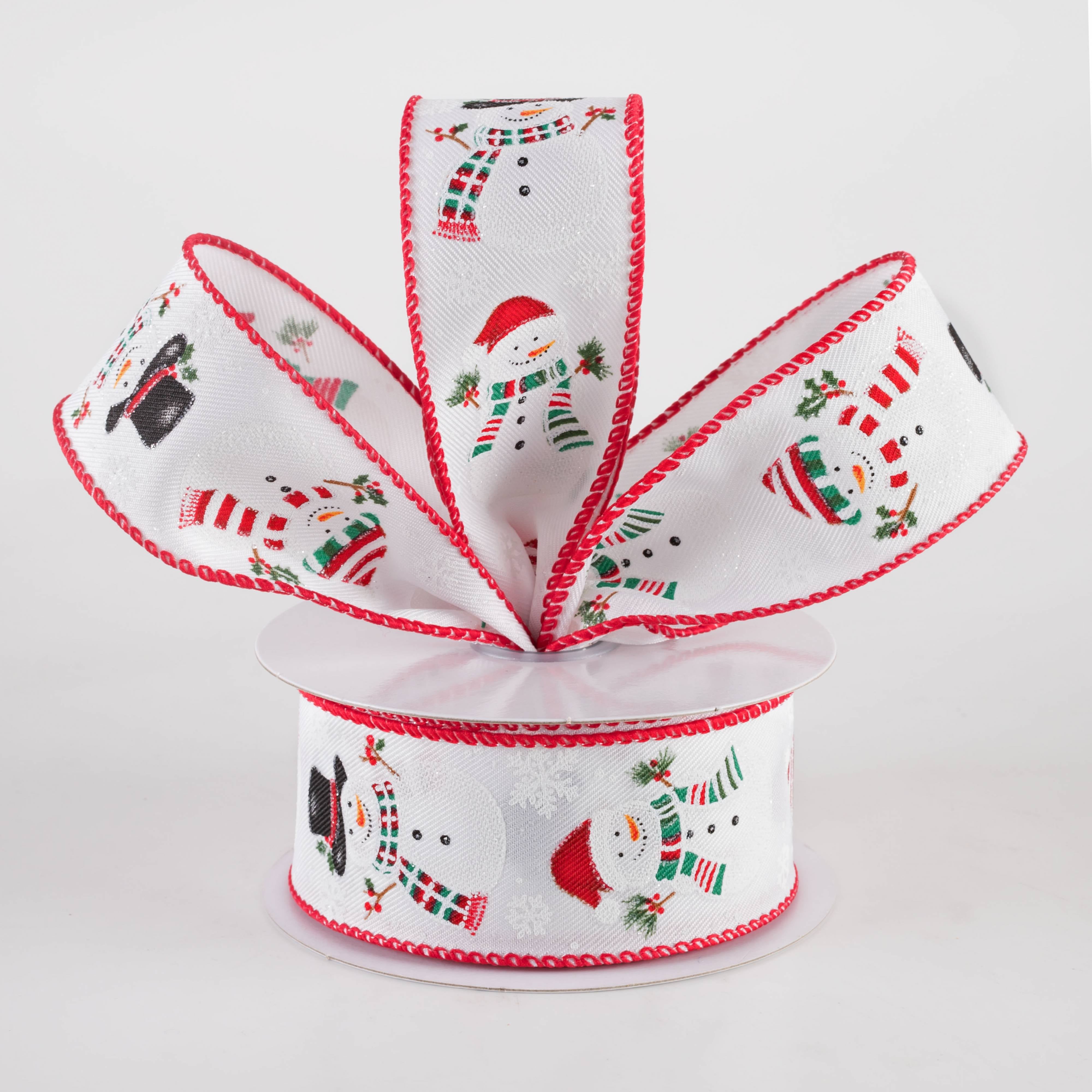 1.5" Glittered Snowman Diagonal Weave Ribbon: White (10 Yards)