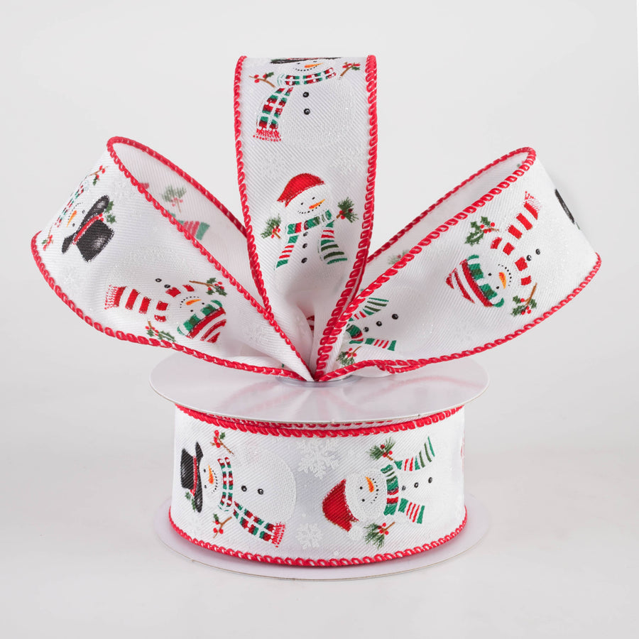 1.5" Glittered Snowman Diagonal Weave Ribbon: White (10 Yards)