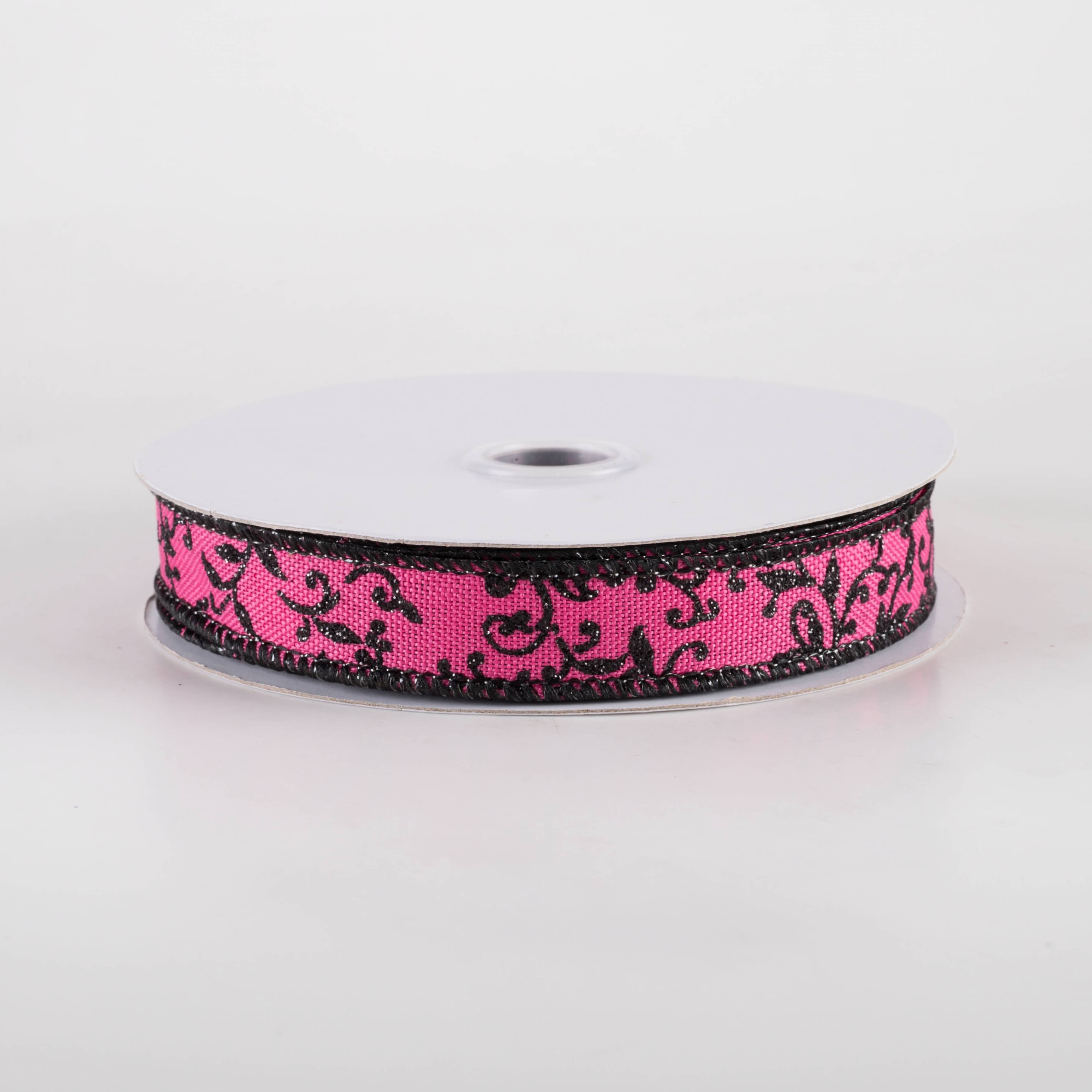 5/8" Glitter Mini Leaf Vines Ribbon: Fuchsia Pink & Black (10 Yards)