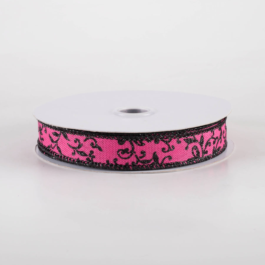 5/8" Glitter Mini Leaf Vines Ribbon: Fuchsia Pink & Black (10 Yards)