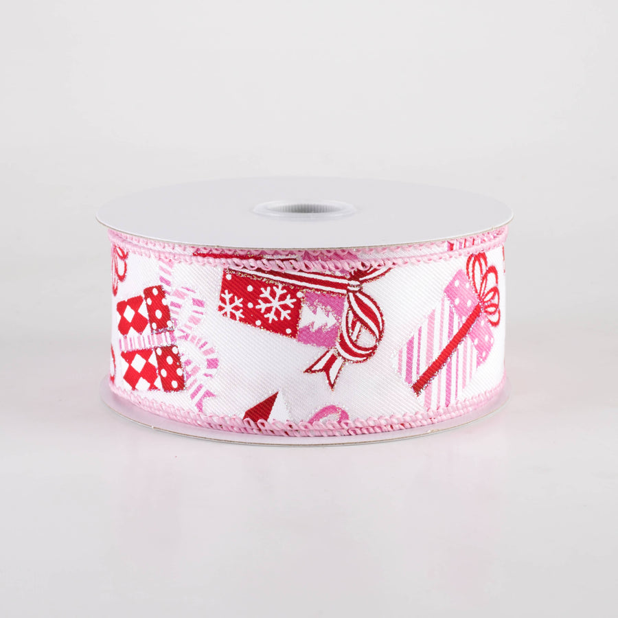 1.5" Linen Christmas Presents Ribbon: Pink on White (10 Yards)
