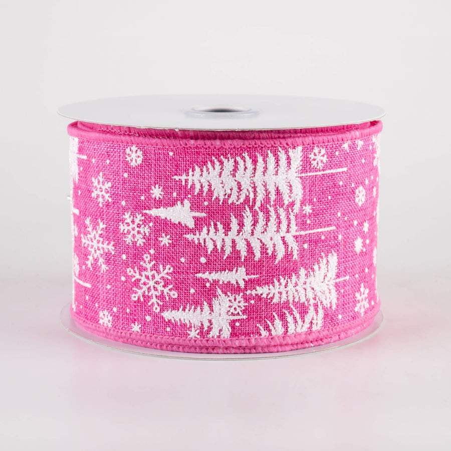 2.5" Pine Trees & Snowflakes Ribbon: Hot Pink (10 Yards)
