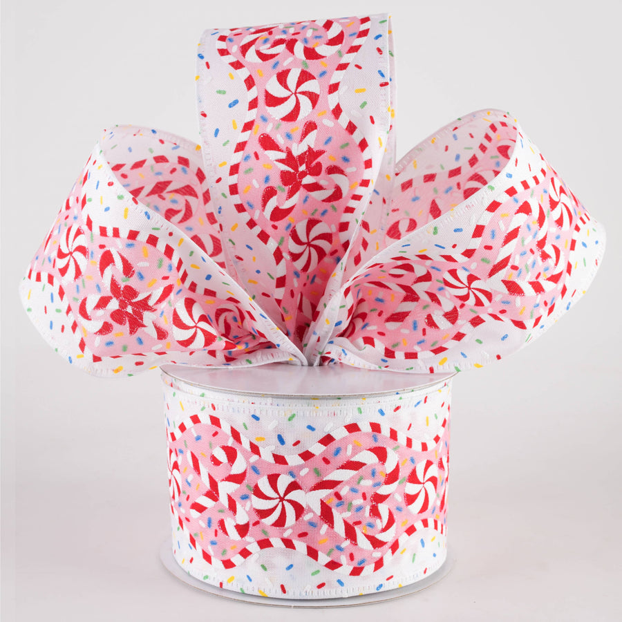 2.5" Sprinkles & Candy Canes Wavy Edge Ribbon: White & Pink (10 Yards)