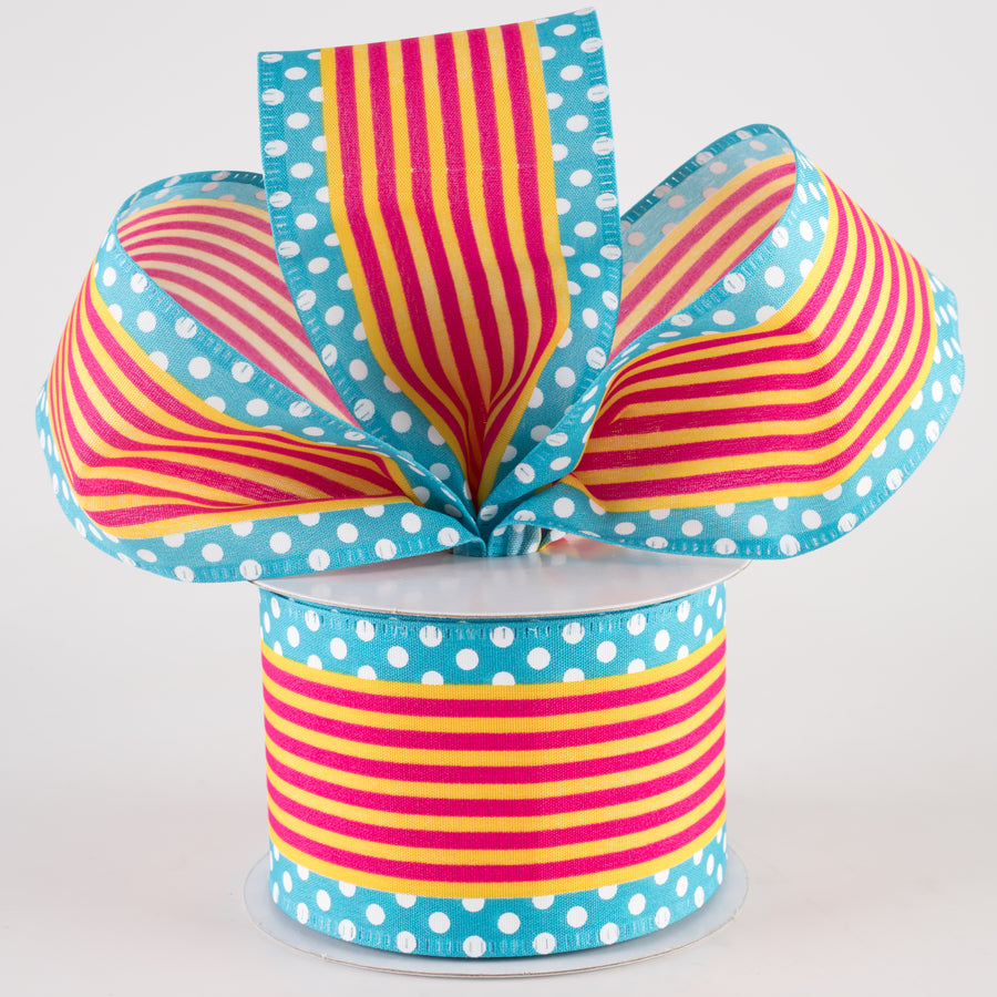 2.5" Cabana Stripe Dot Edge Ribbon: Aqua Blue, Fuchsia, Yellow (10 Yards) Lifestyle Photo