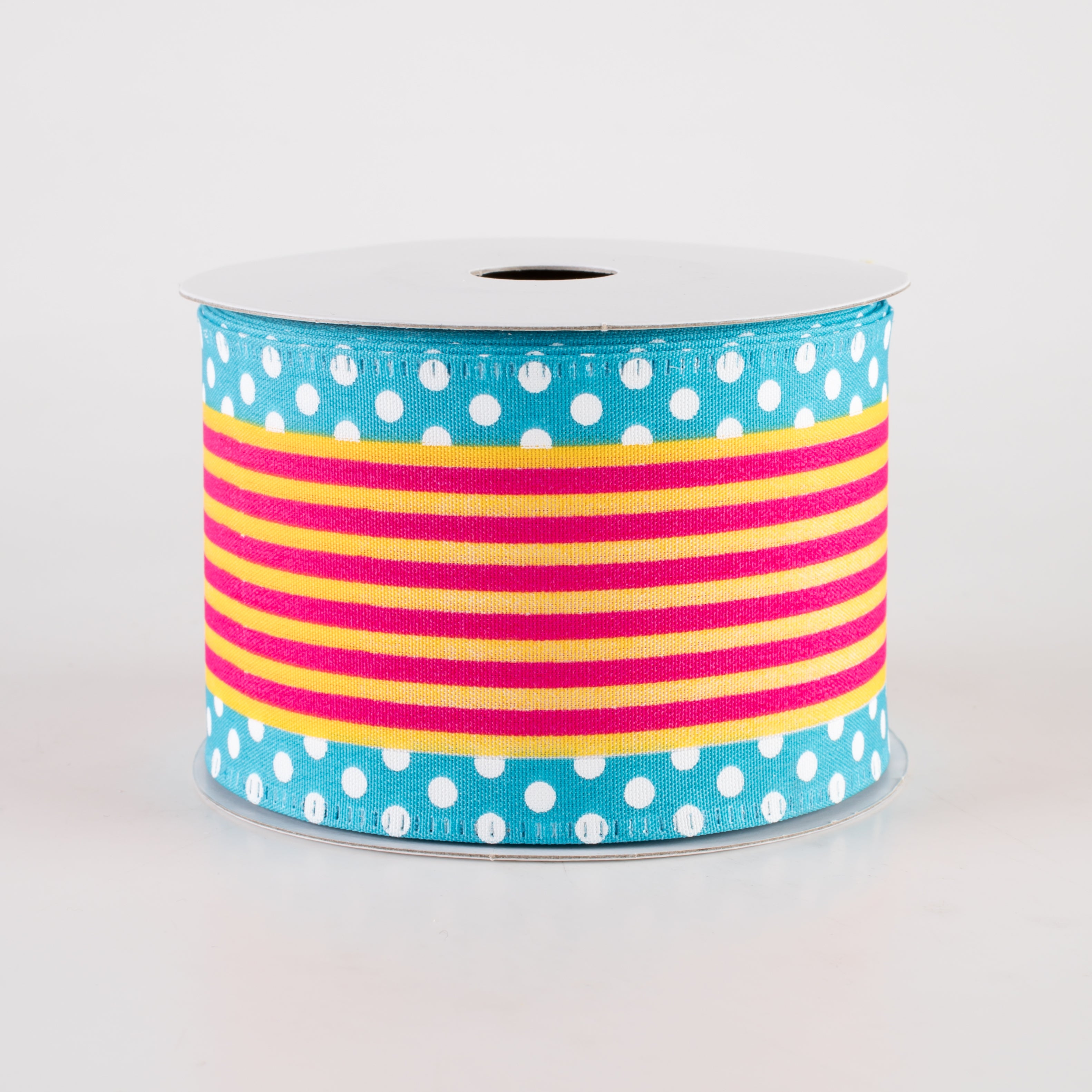 2.5" Cabana Stripe Dot Edge Ribbon: Aqua Blue, Fuchsia, Yellow (10 Yards) Item Number: 46413-40-45