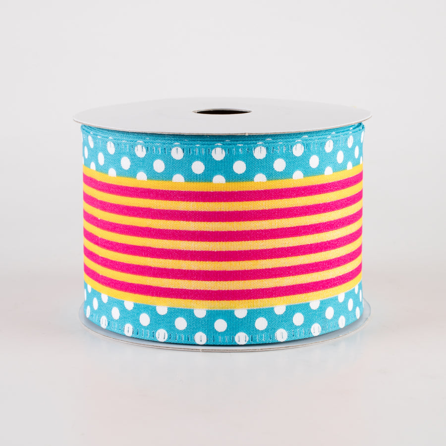 2.5" Cabana Stripe Dot Edge Ribbon: Aqua Blue, Fuchsia, Yellow (10 Yards) Item Number: 46413-40-45