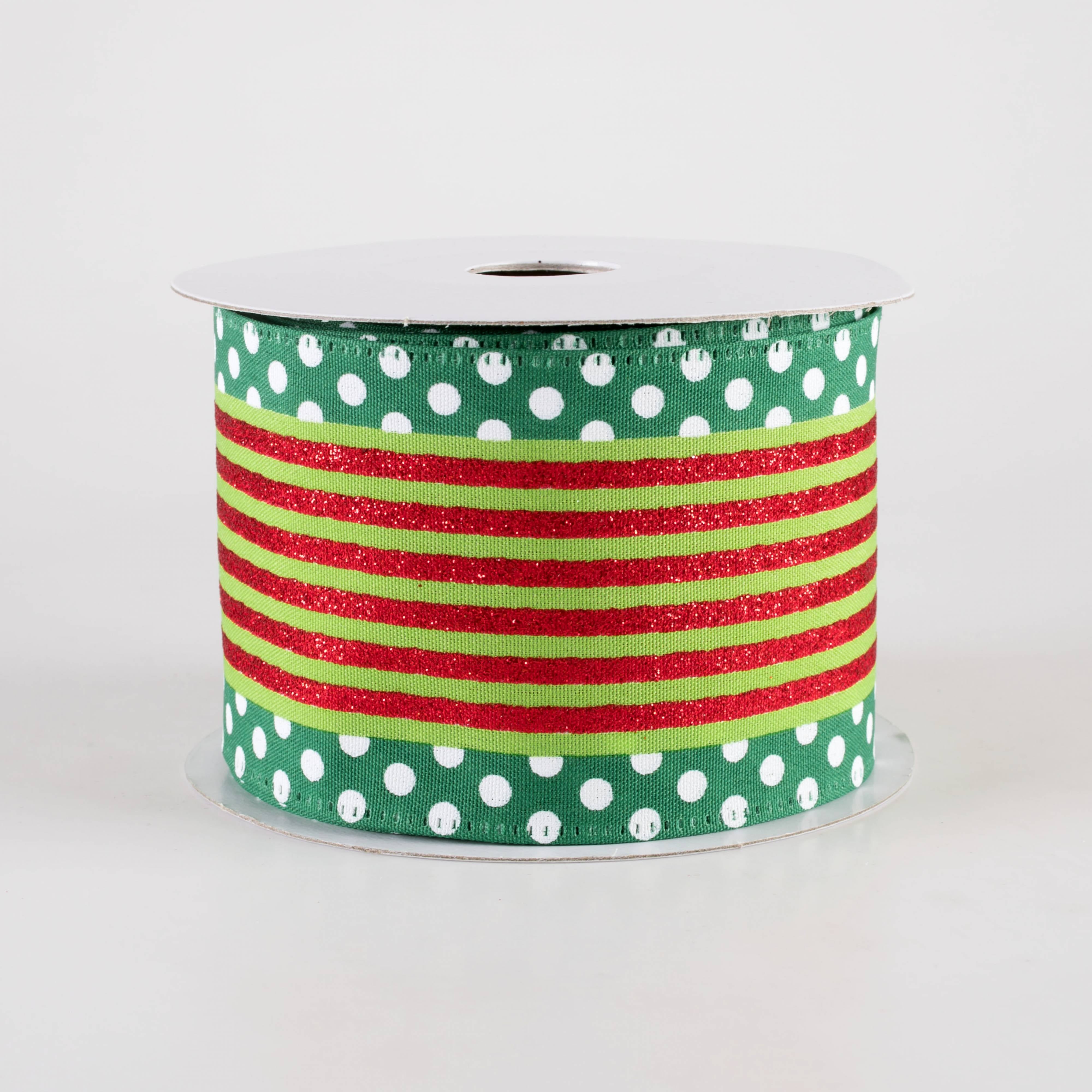 2.5" Cabana Stripe Dot Edge Ribbon: Lime, Red, Emerald (10 Yards) Item Number: 76301-40-17
