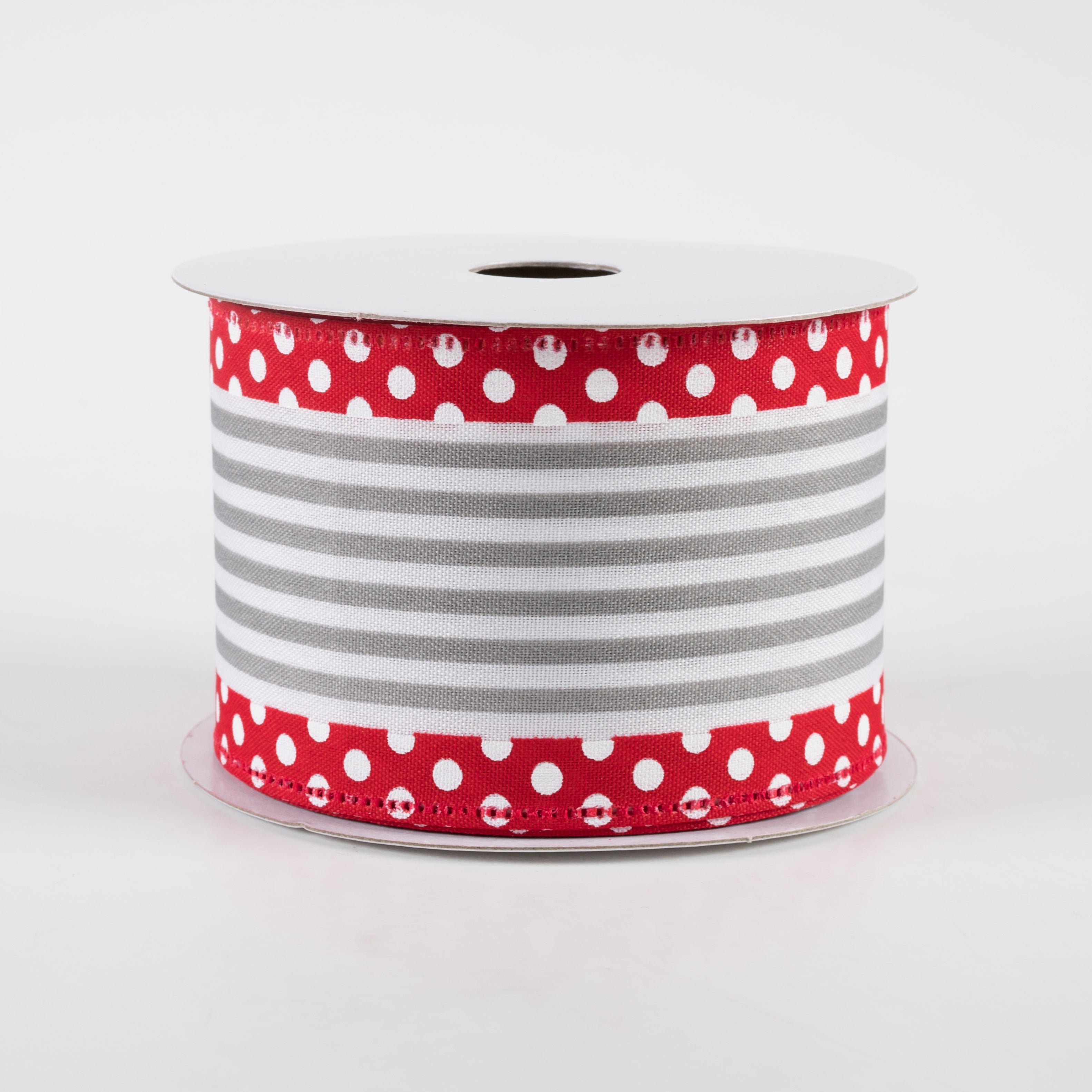 2.5" Cabana Stripe Dot Edge Ribbon: White, Grey, Red (10 Yards)