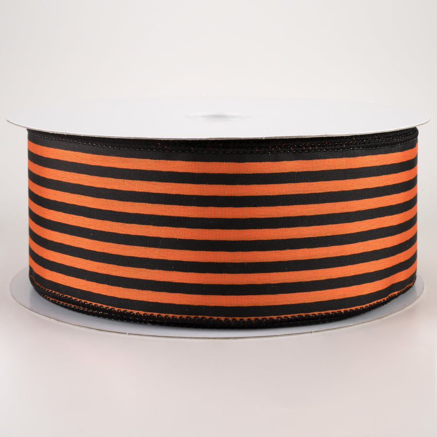 2.5" Cabana Stripes Ribbon: Black on Orange Satin (50 Yards)