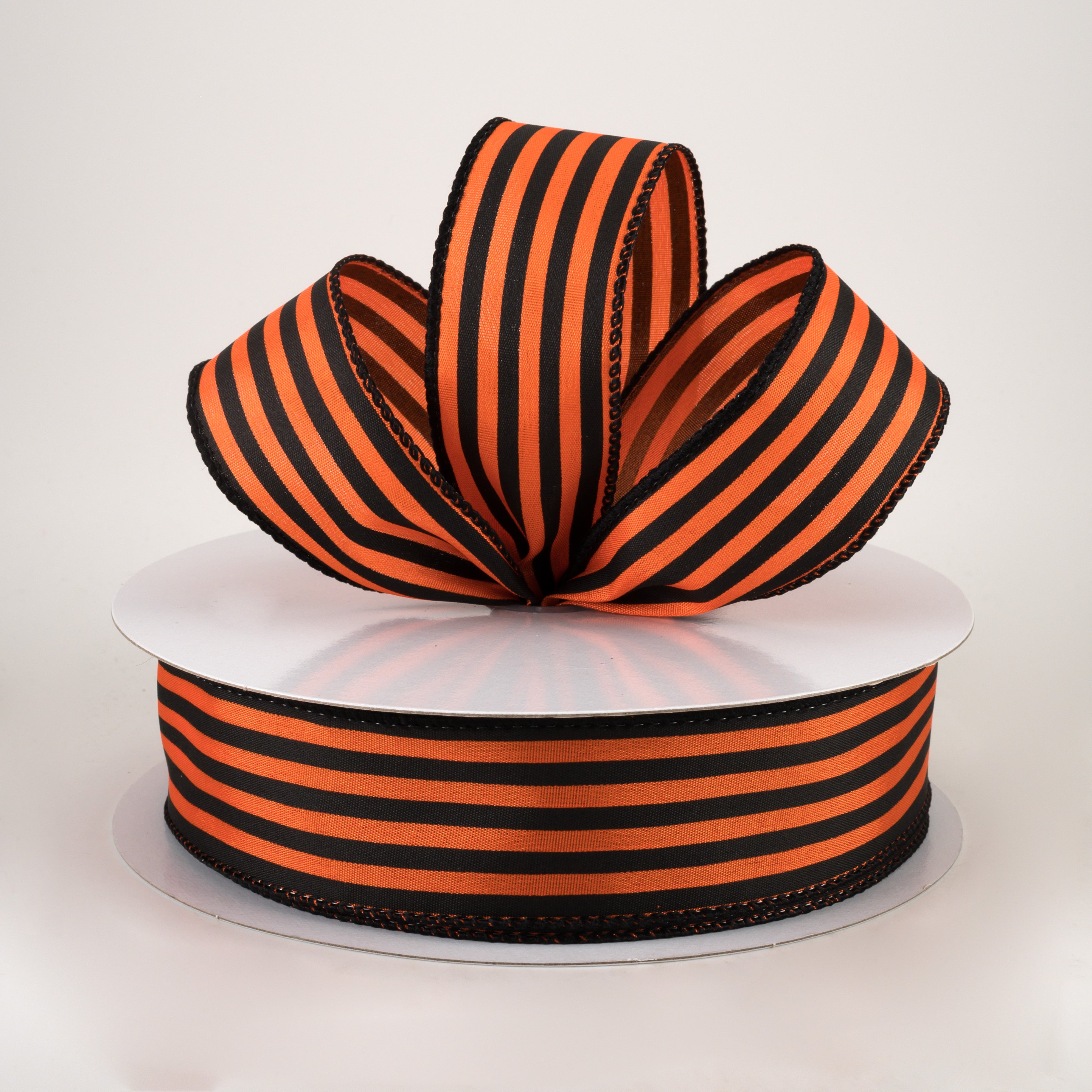 1.5" Cabana Stripes Ribbon: Black on Orange Satin (50 Yards) Lifestyle Photo