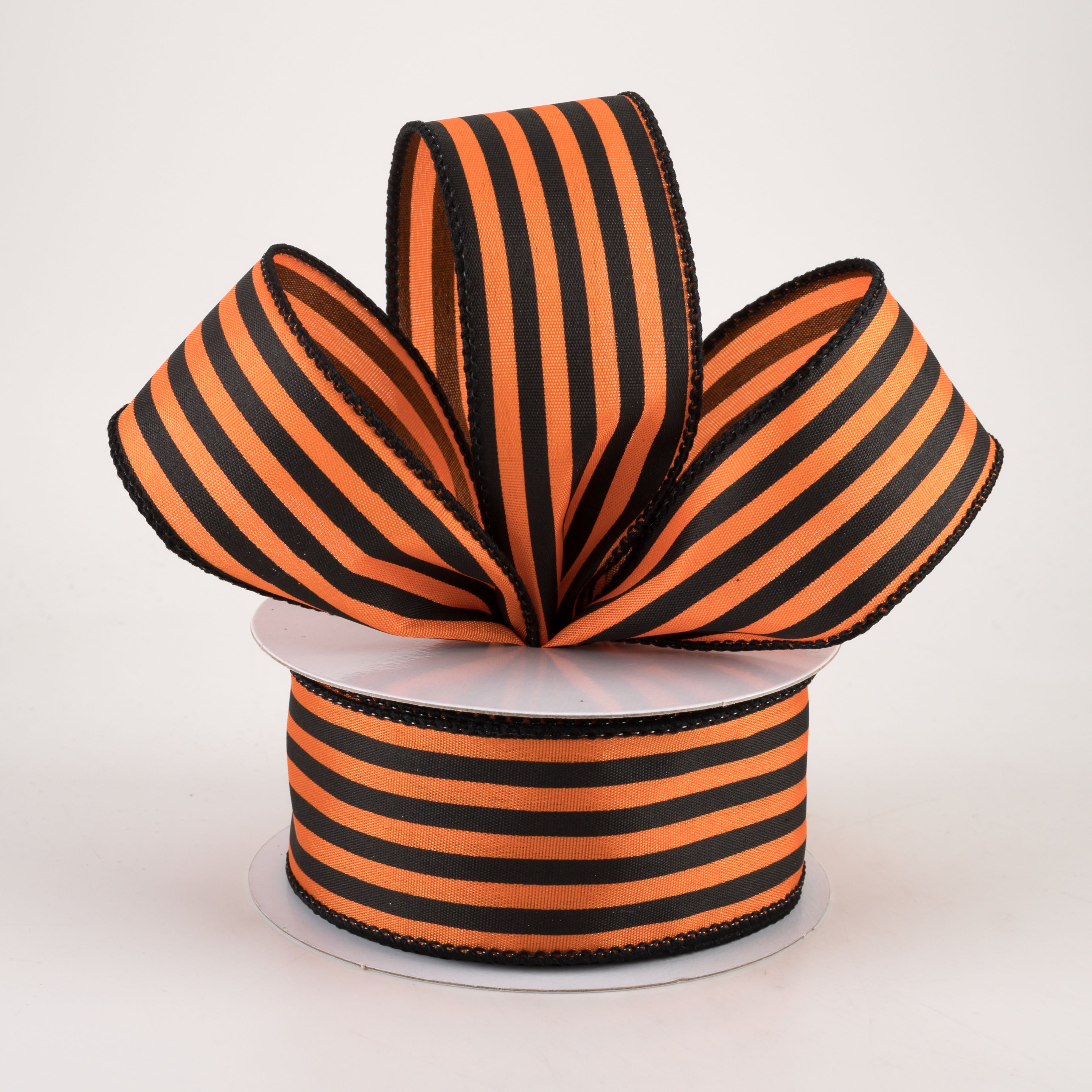 1.5" Cabana Stripes Ribbon: Black on Orange Satin (10 Yards) Lifestyle Photo