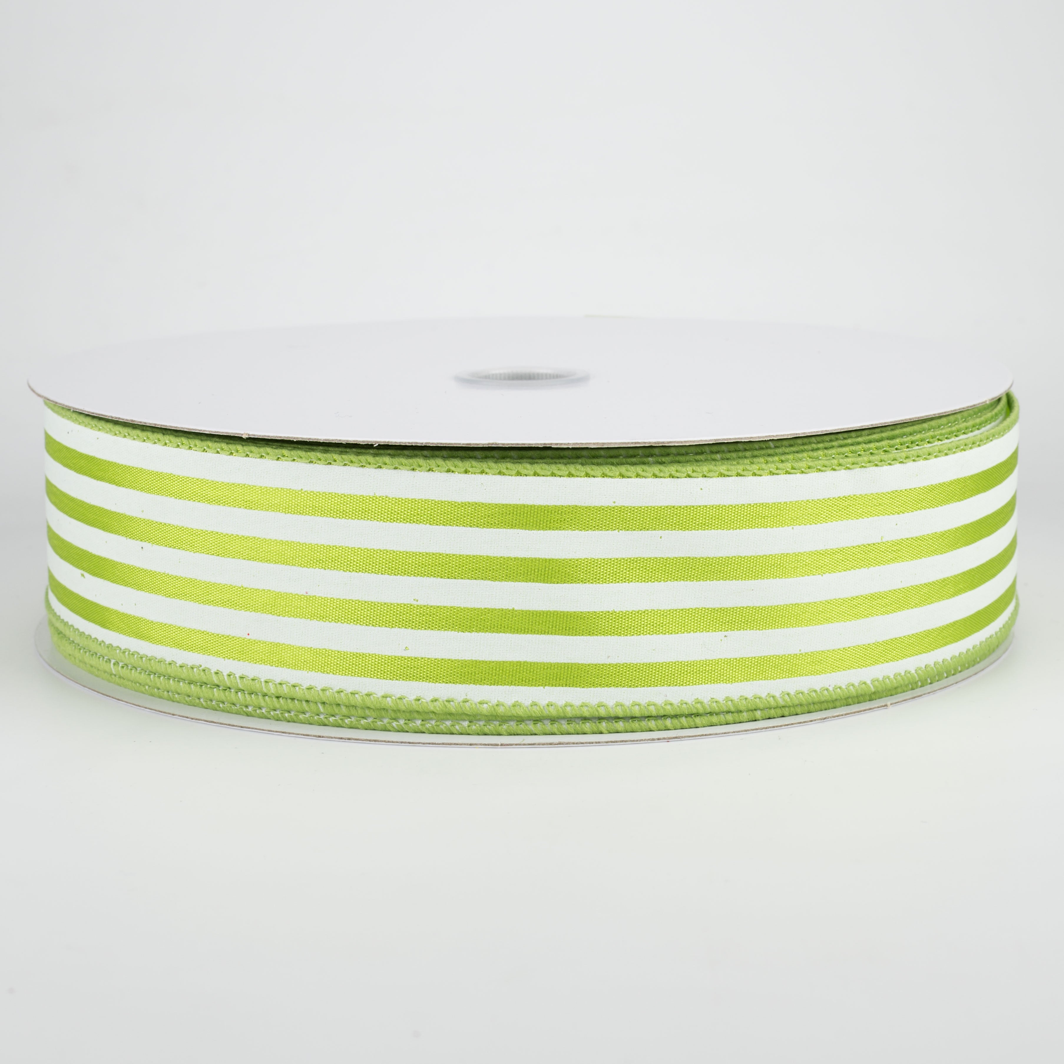 1.5" Cabana Stripes Ribbon: White on Kiwi Green (50 Yards) Item Number: Q501809-580