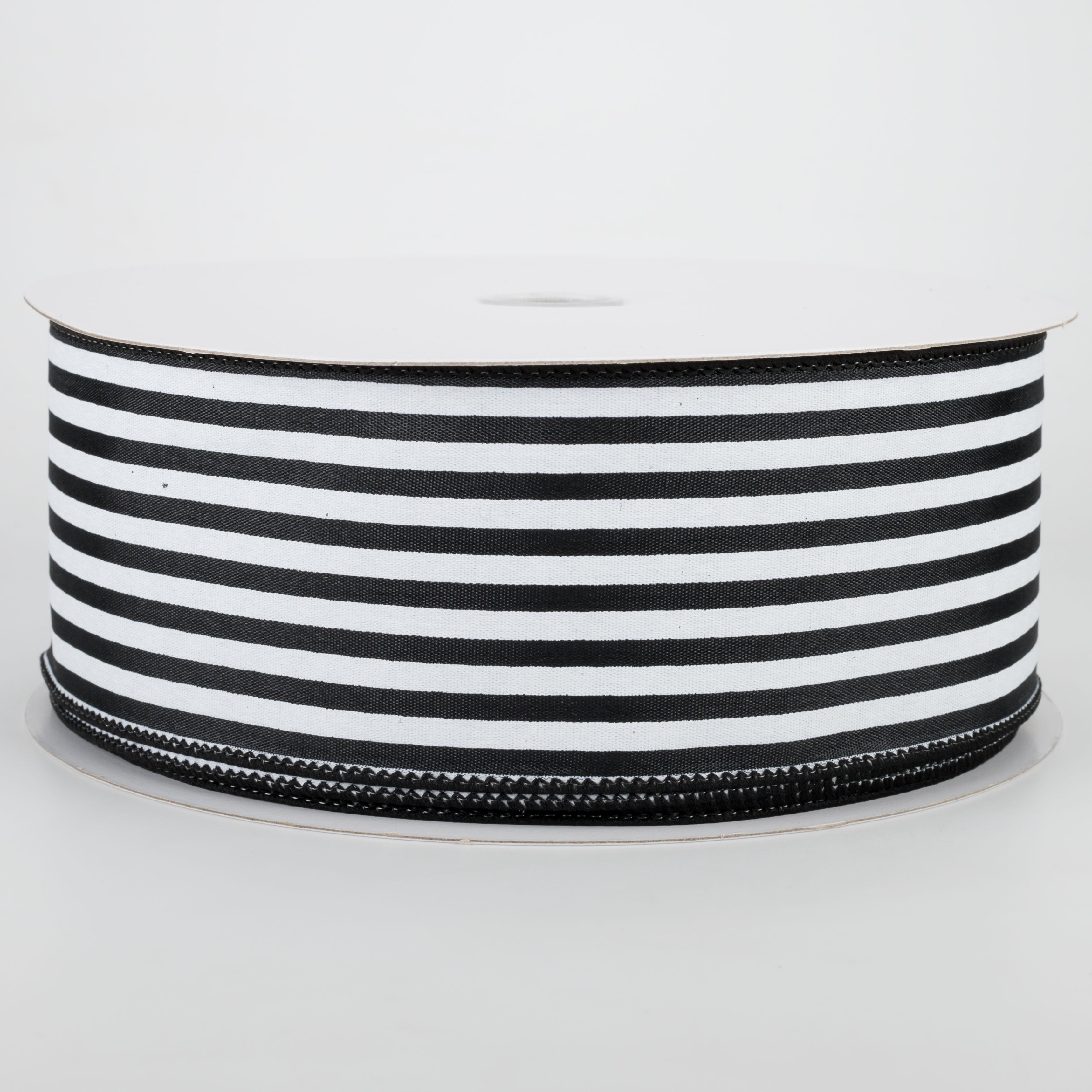 2.5" Cabana Stripes Ribbon: White on Black Satin (50 Yards)