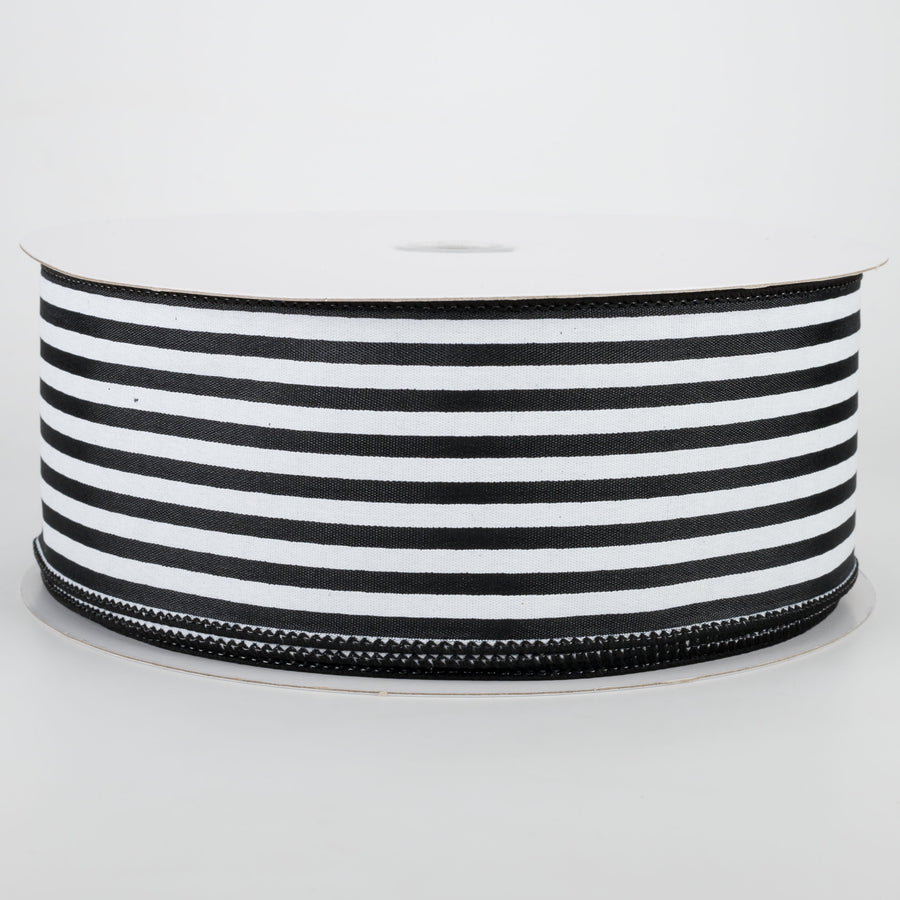 2.5" Cabana Stripes Ribbon: White on Black Satin (50 Yards)
