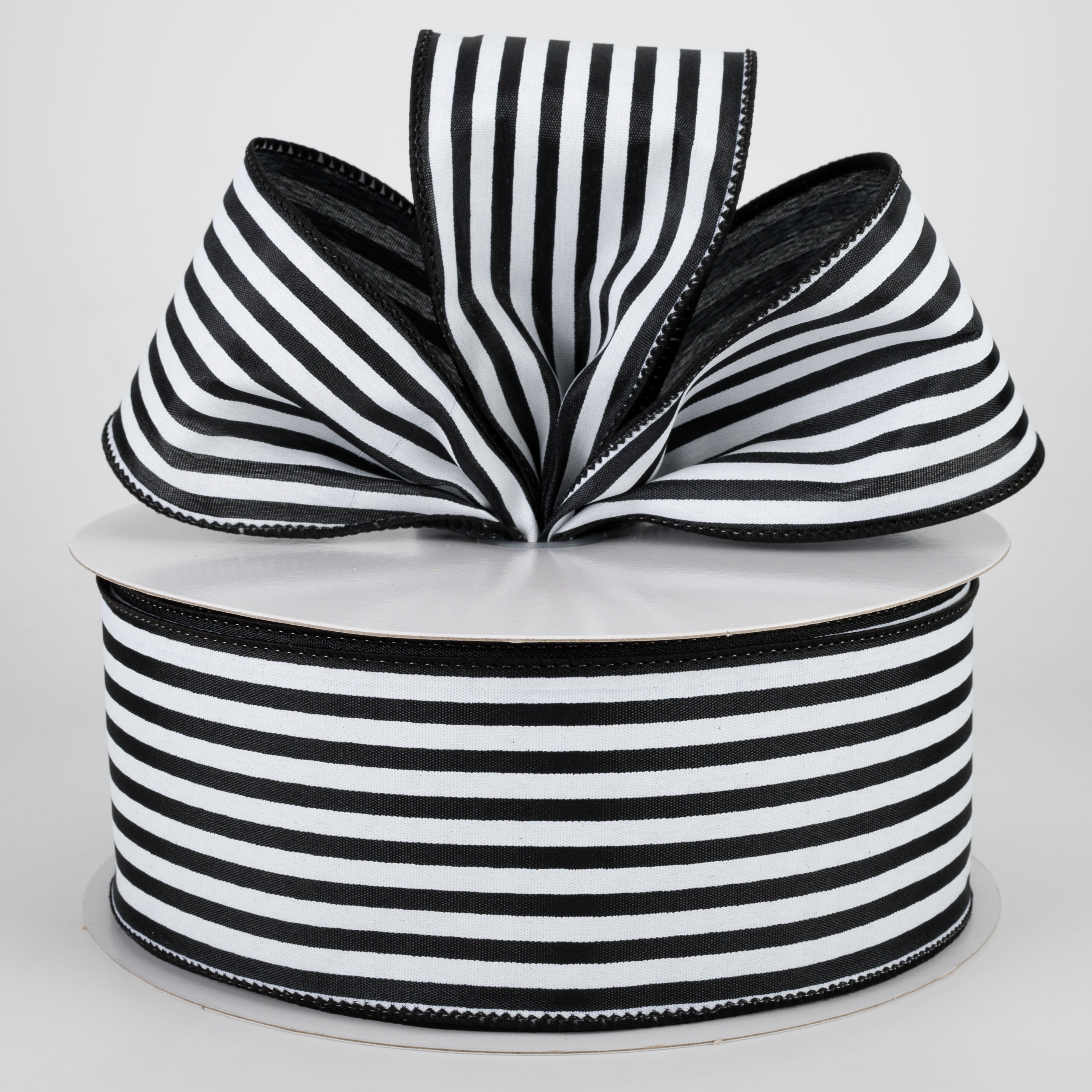 2.5" Cabana Stripes Ribbon: White on Black Satin (50 Yards) Lifestyle Photo