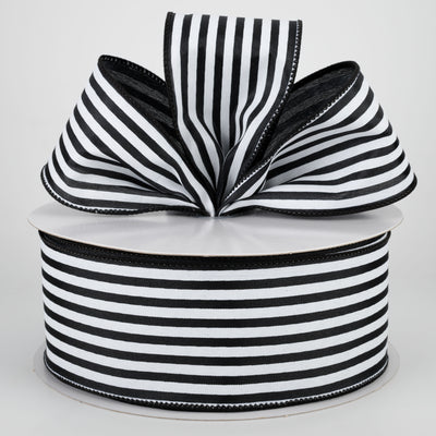 2.5" Cabana Stripes Ribbon: White on Black Satin (50 Yards) Lifestyle Photo