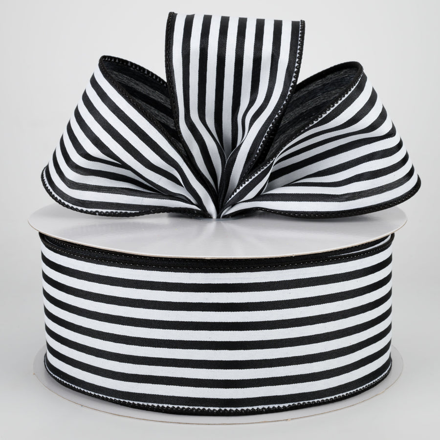 2.5" Cabana Stripes Ribbon: White on Black Satin (50 Yards) Lifestyle Photo