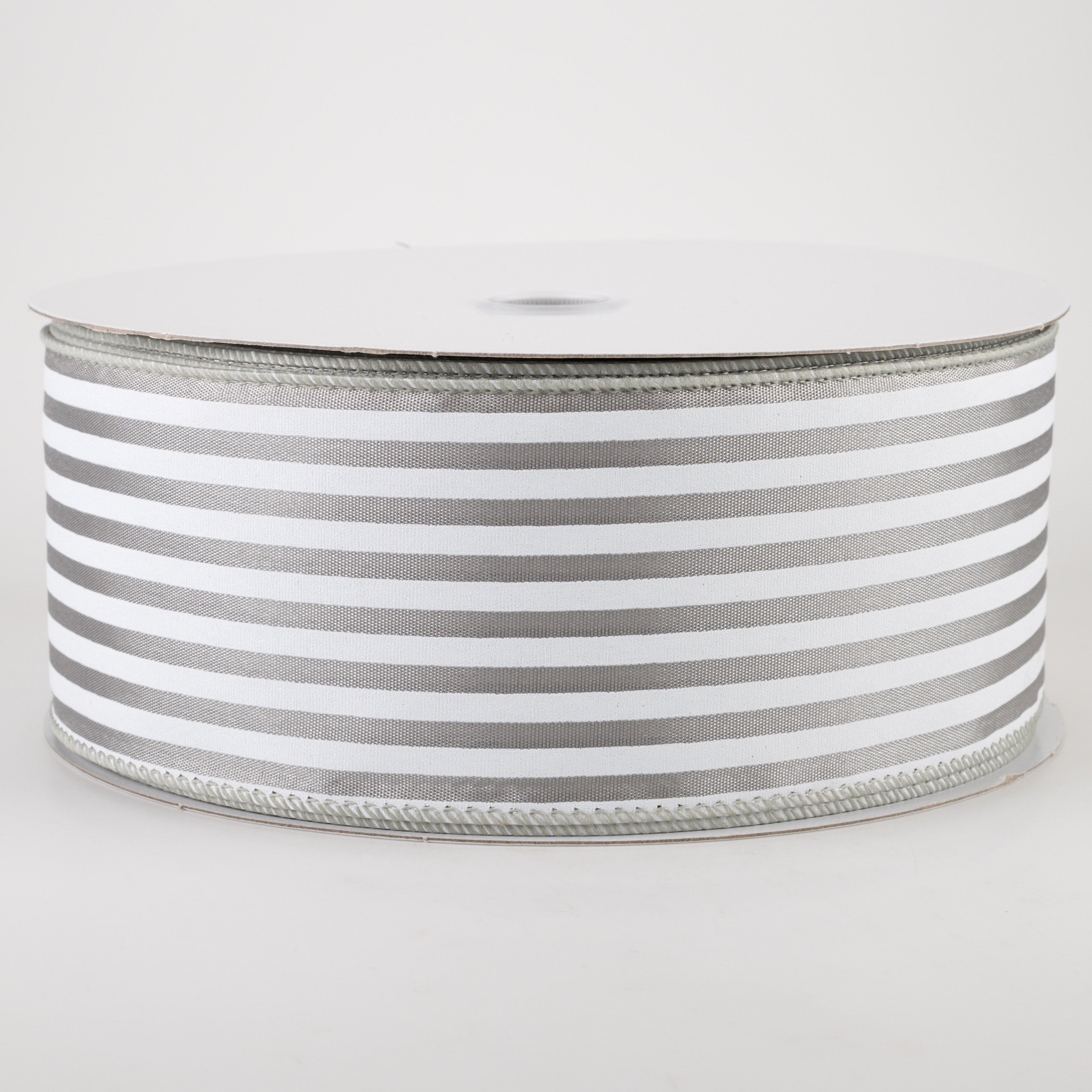 2.5" Cabana Stripes Ribbon: White on Grey Satin (50 Yards)