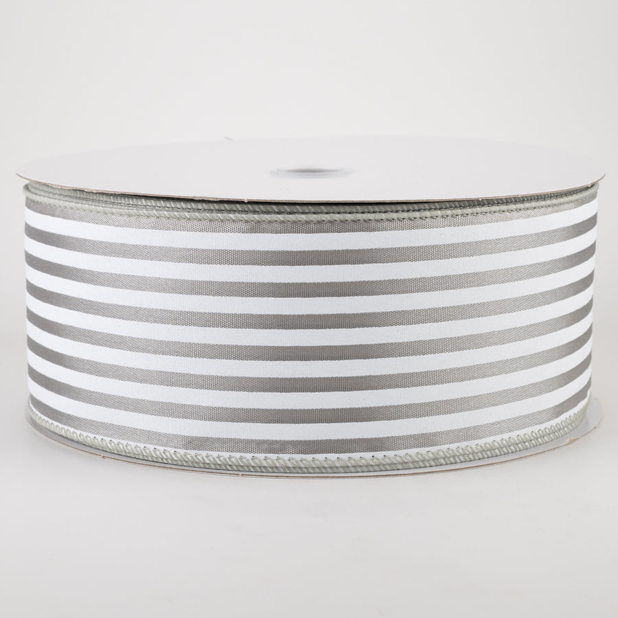 2.5" Cabana Stripes Ribbon: White on Grey Satin (50 Yards)
