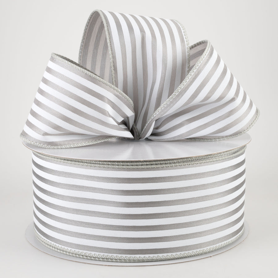 2.5" Cabana Stripes Ribbon: White on Grey Satin (50 Yards) Lifestyle Photo