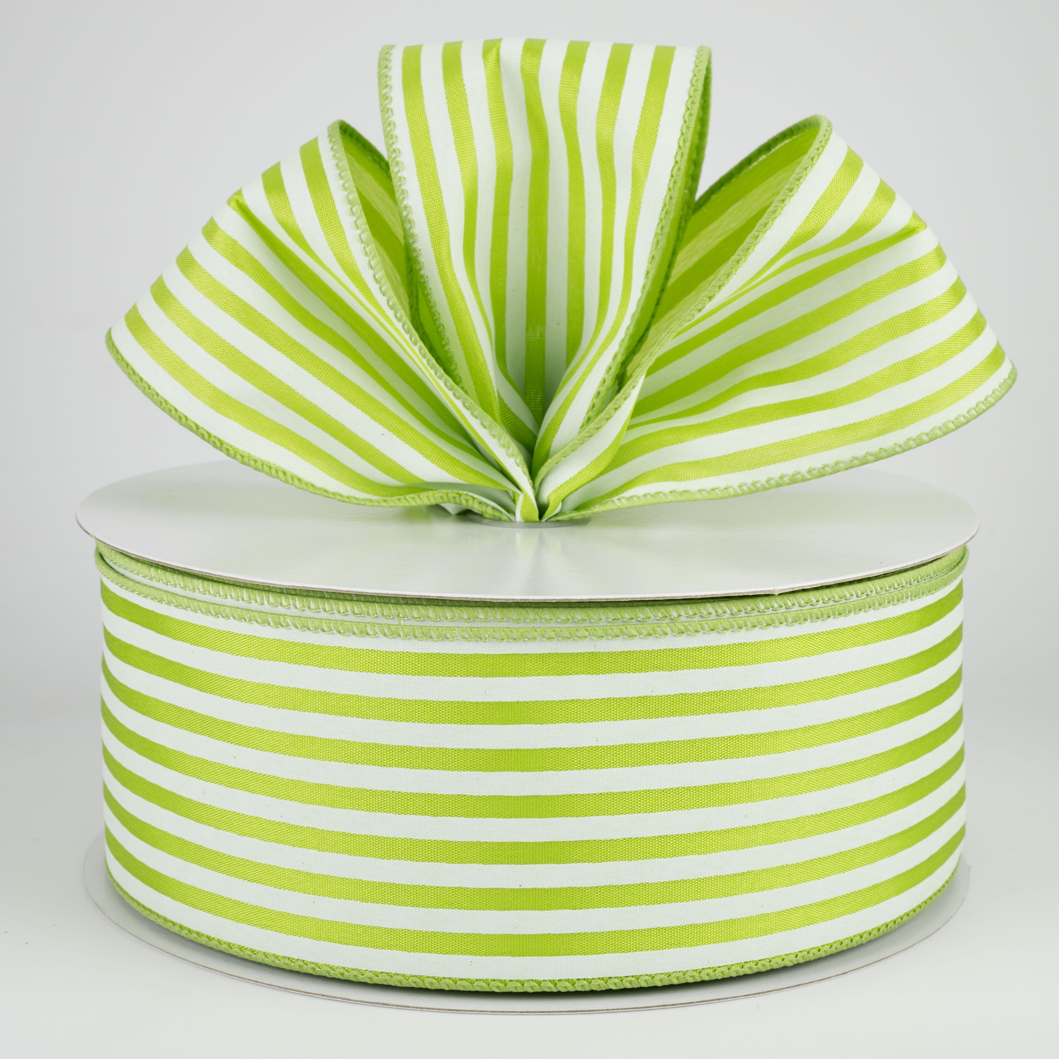 2.5" Cabana Stripes Ribbon: White on Kiwi Green Satin (50 Yards) Lifestyle Photo