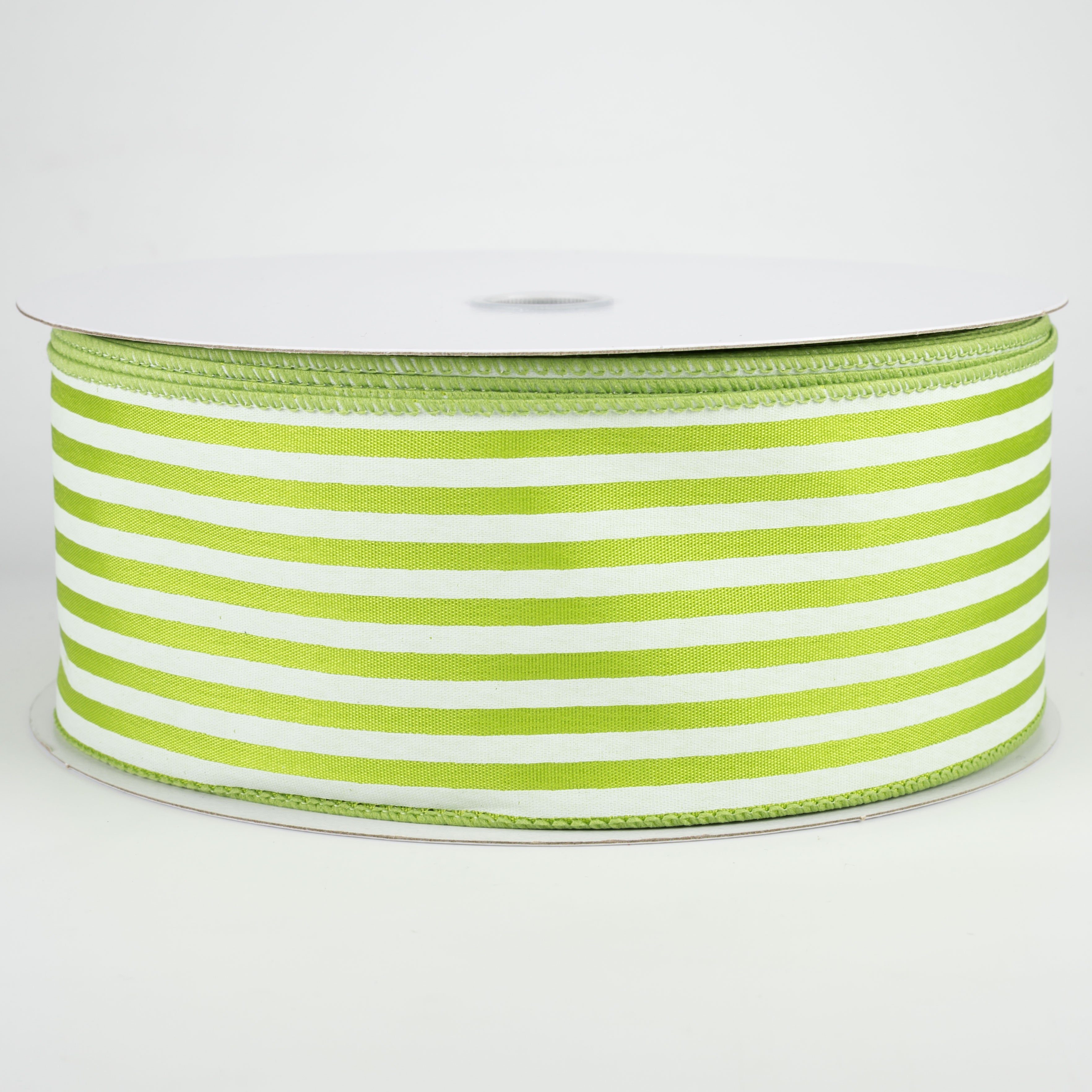 2.5" Cabana Stripes Ribbon: White on Kiwi Green Satin (50 Yards)