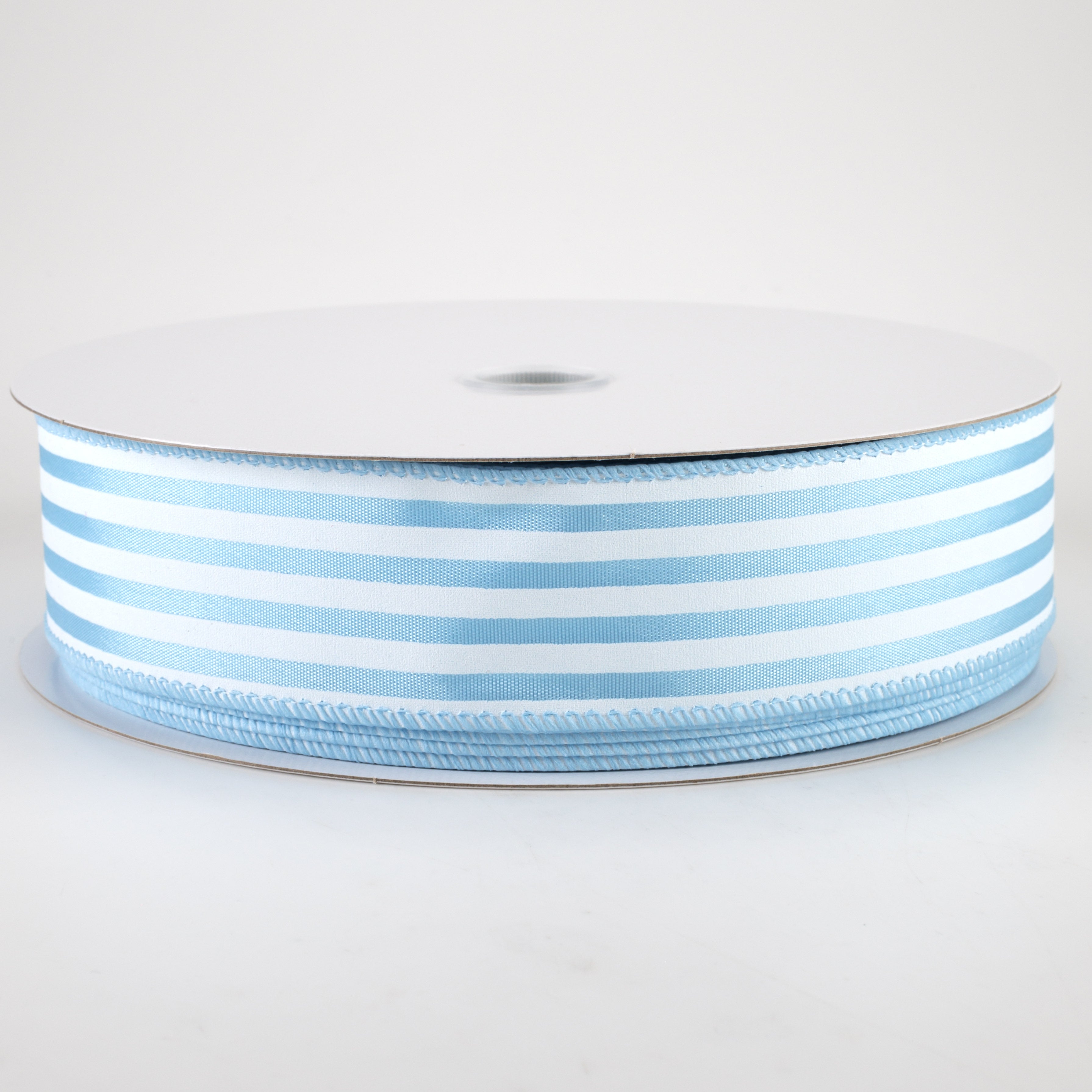 1.5" Cabana Stripes Ribbon: White on Light Blue Satin (50 Yards)