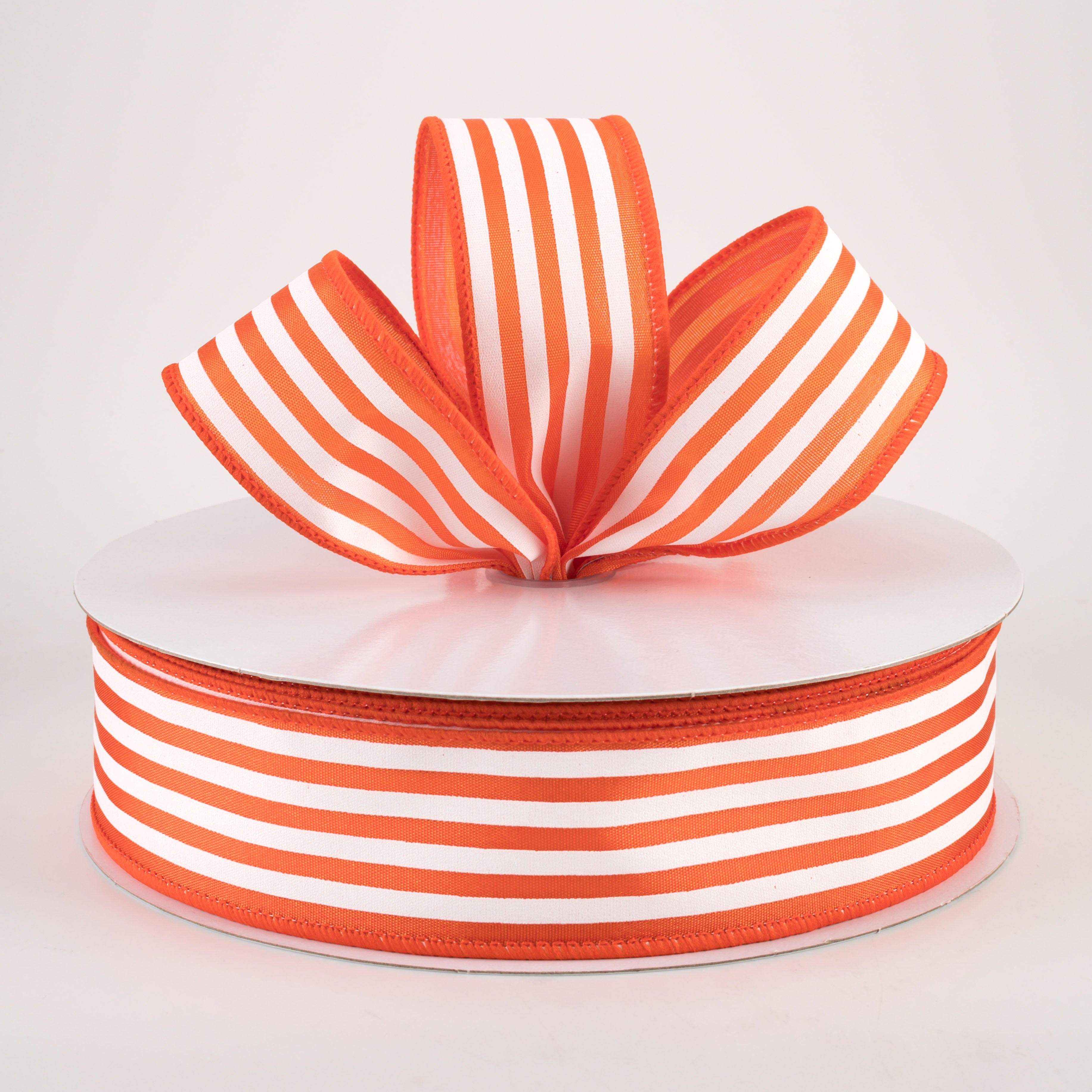 1.5" Cabana Stripes Ribbon: White on Orange Satin (50 Yards) Lifestyle Photo