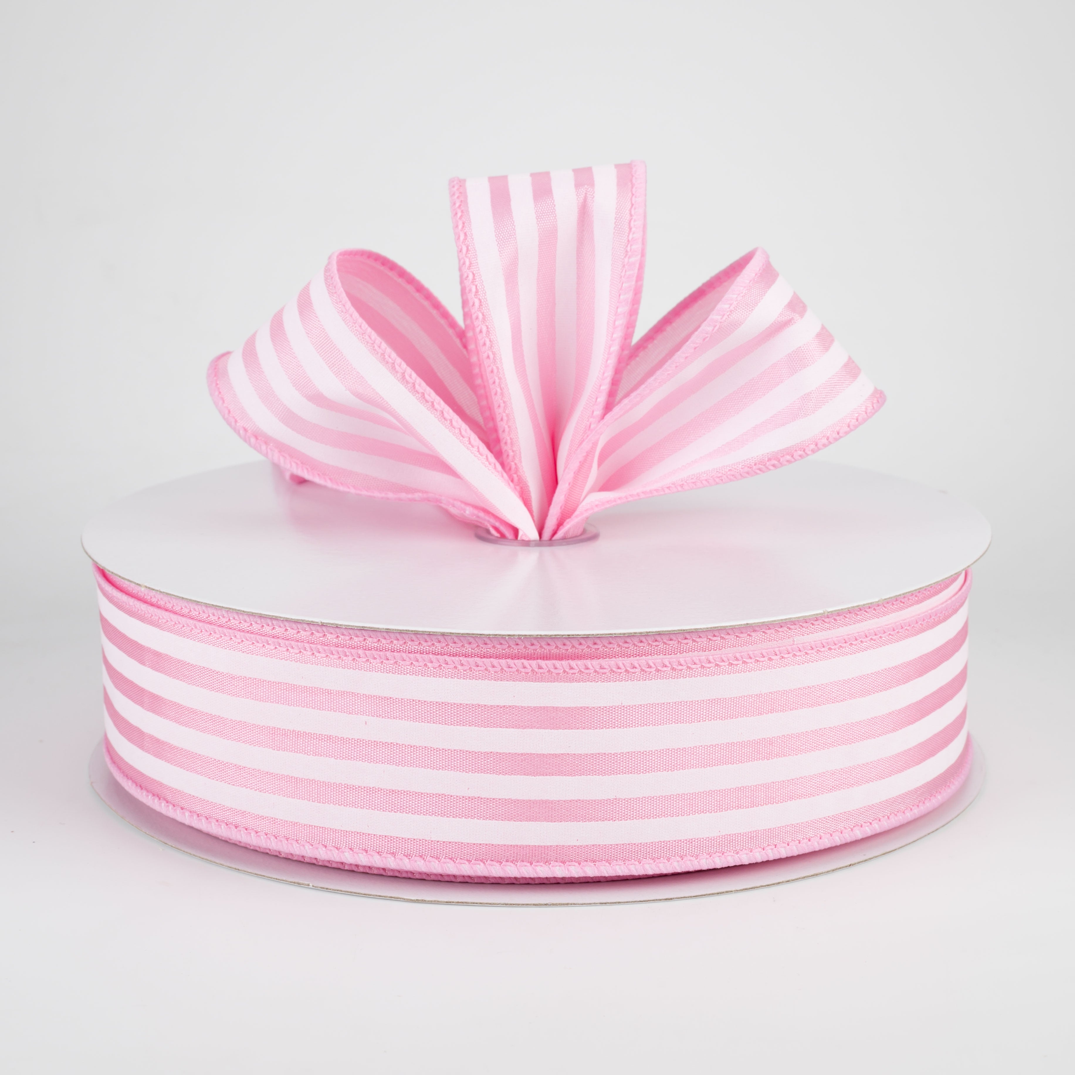 1.5" Cabana Stripes Ribbon: White on Pink Satin (50 Yards) Lifestyle Photo