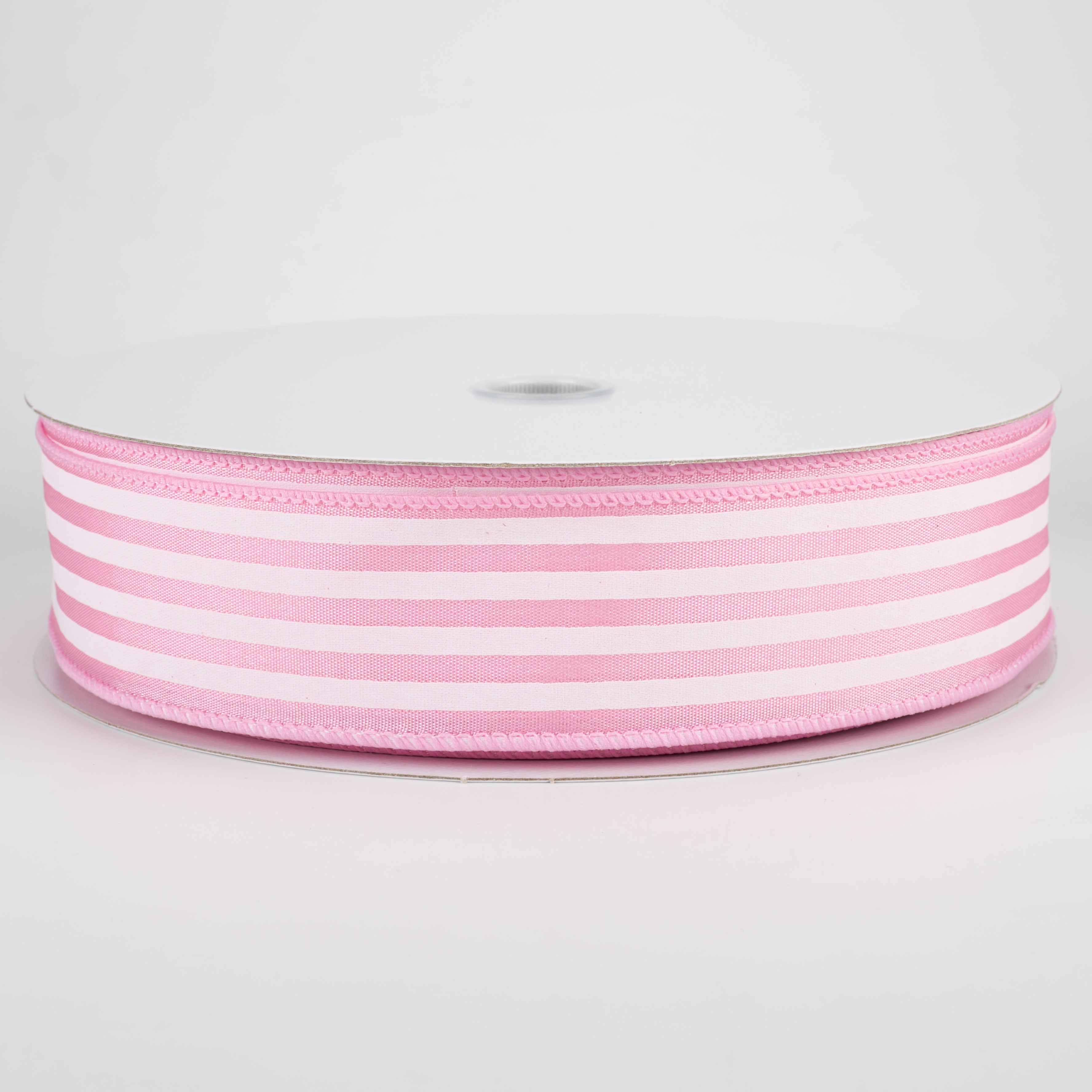 1.5" Cabana Stripes Ribbon: White on Pink Satin (50 Yards)