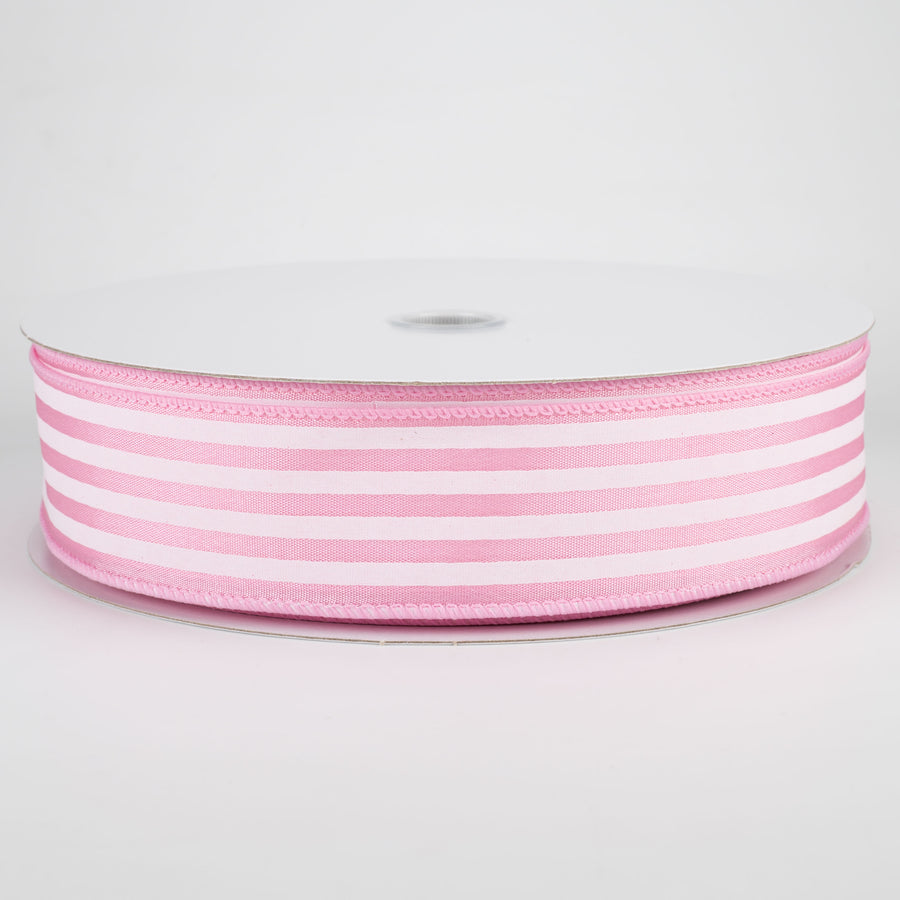 1.5" Cabana Stripes Ribbon: White on Pink Satin (50 Yards)