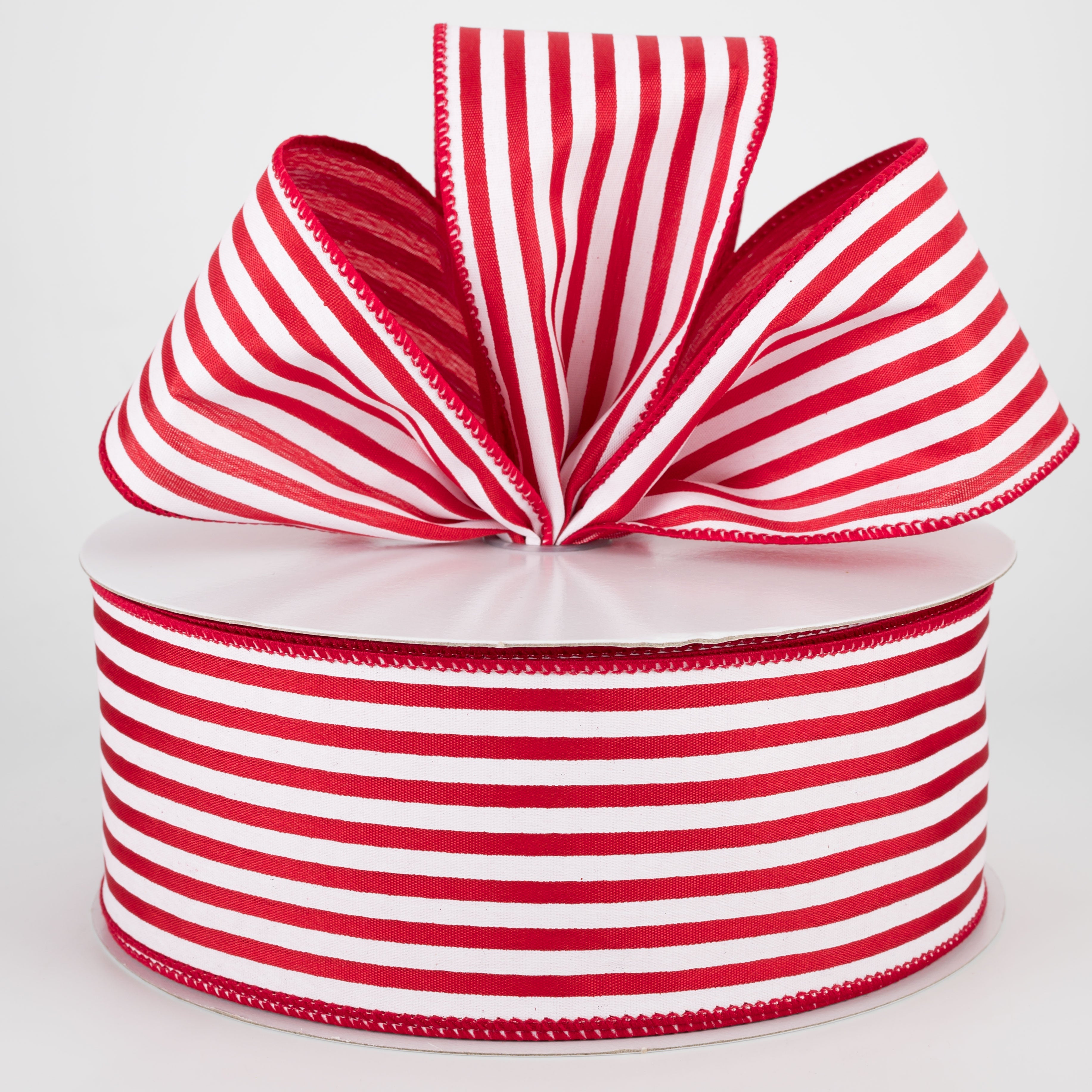 2.5" Cabana Stripes Ribbon: White on Red Satin (50 Yards) Lifestyle Photo