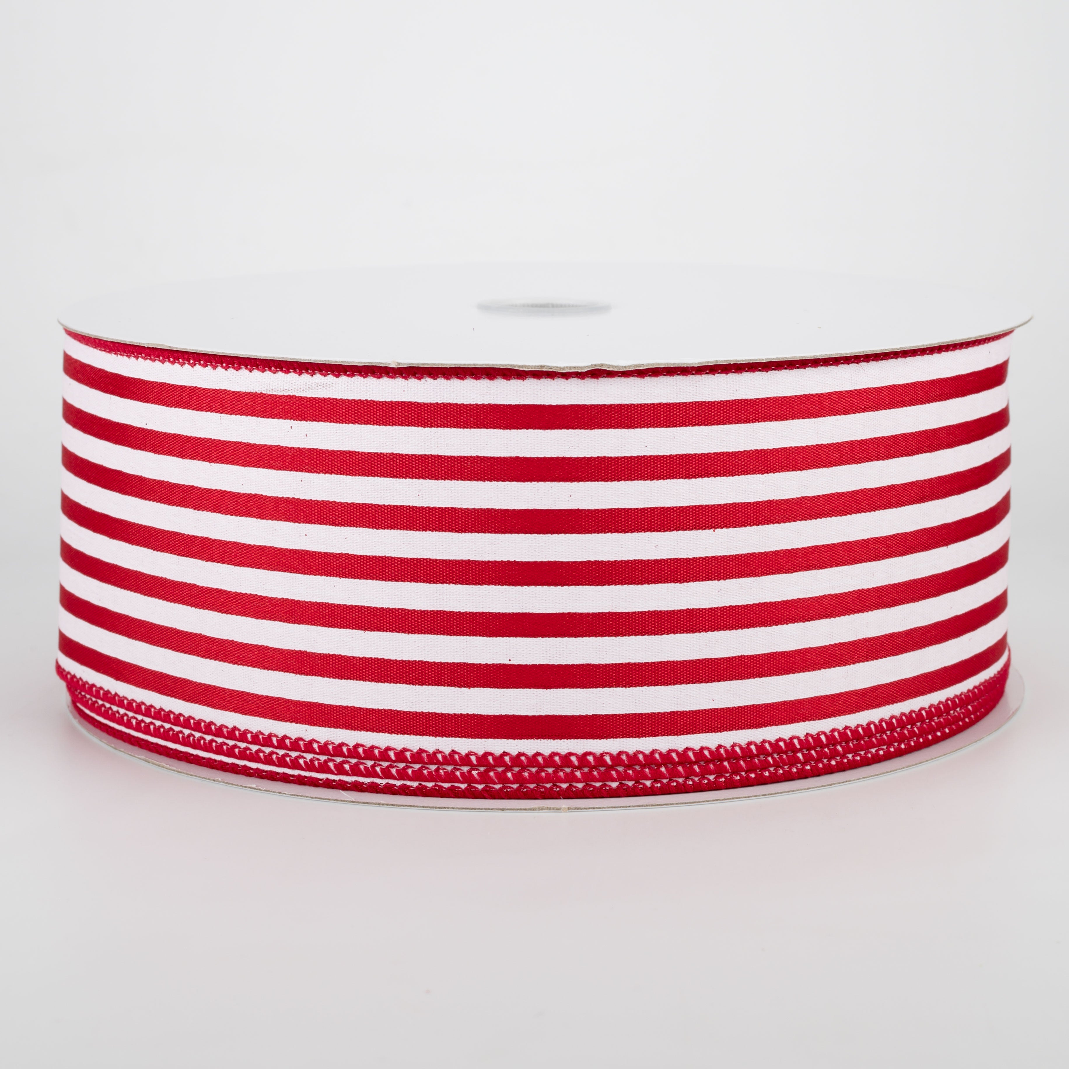 2.5" Cabana Stripes Ribbon: White on Red Satin (50 Yards)