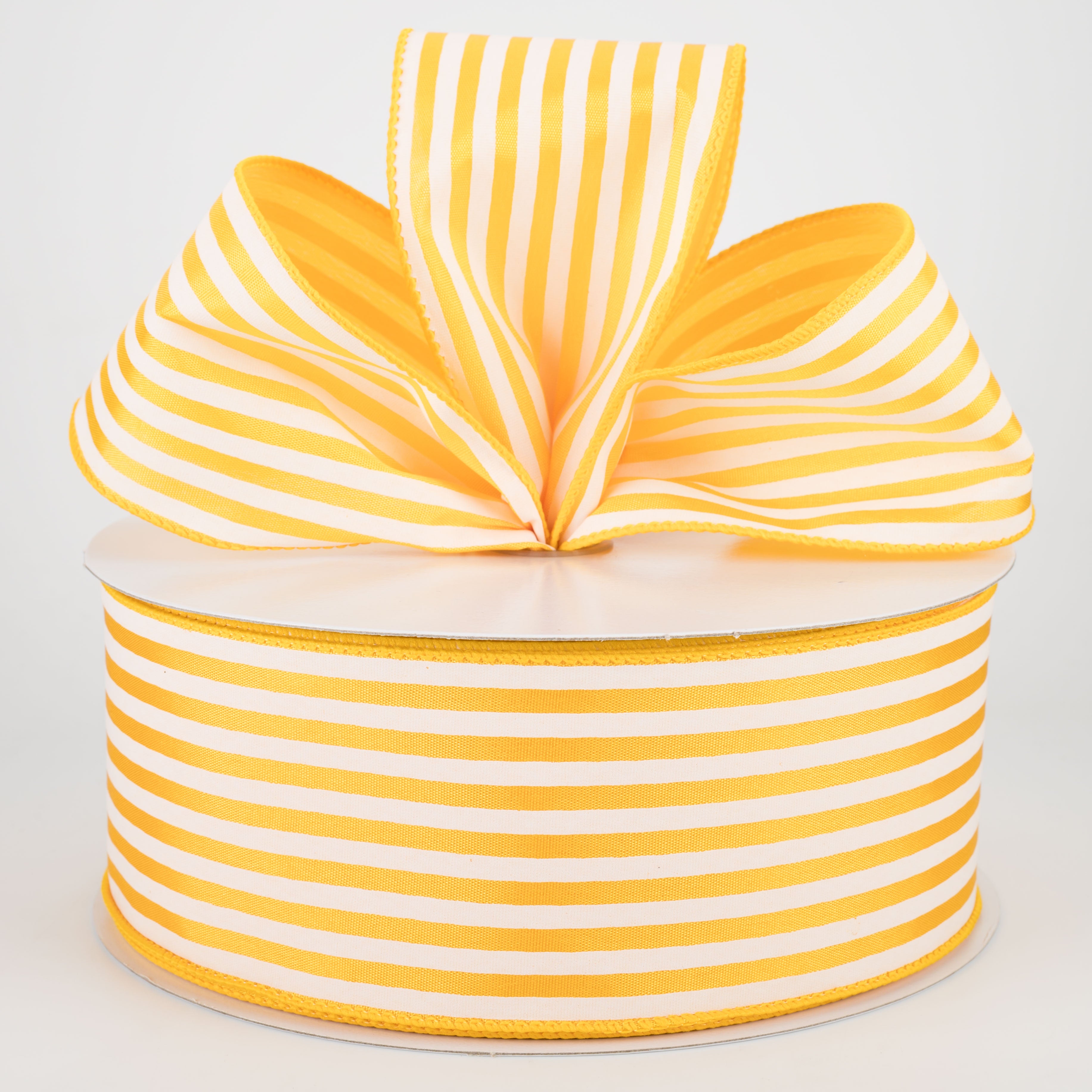 2.5" Cabana Stripes Ribbon: White on Sunflower Satin (50 Yards) Lifestyle Photo
