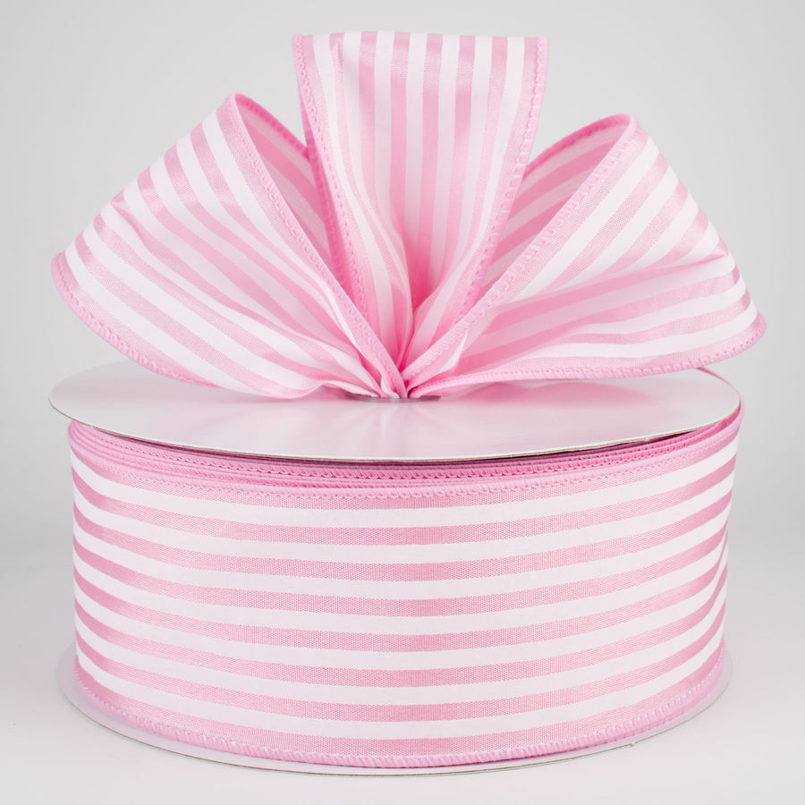 2.5" Cabana Stripes Ribbon: White on Pink Satin (50 Yards) Lifestyle Photo