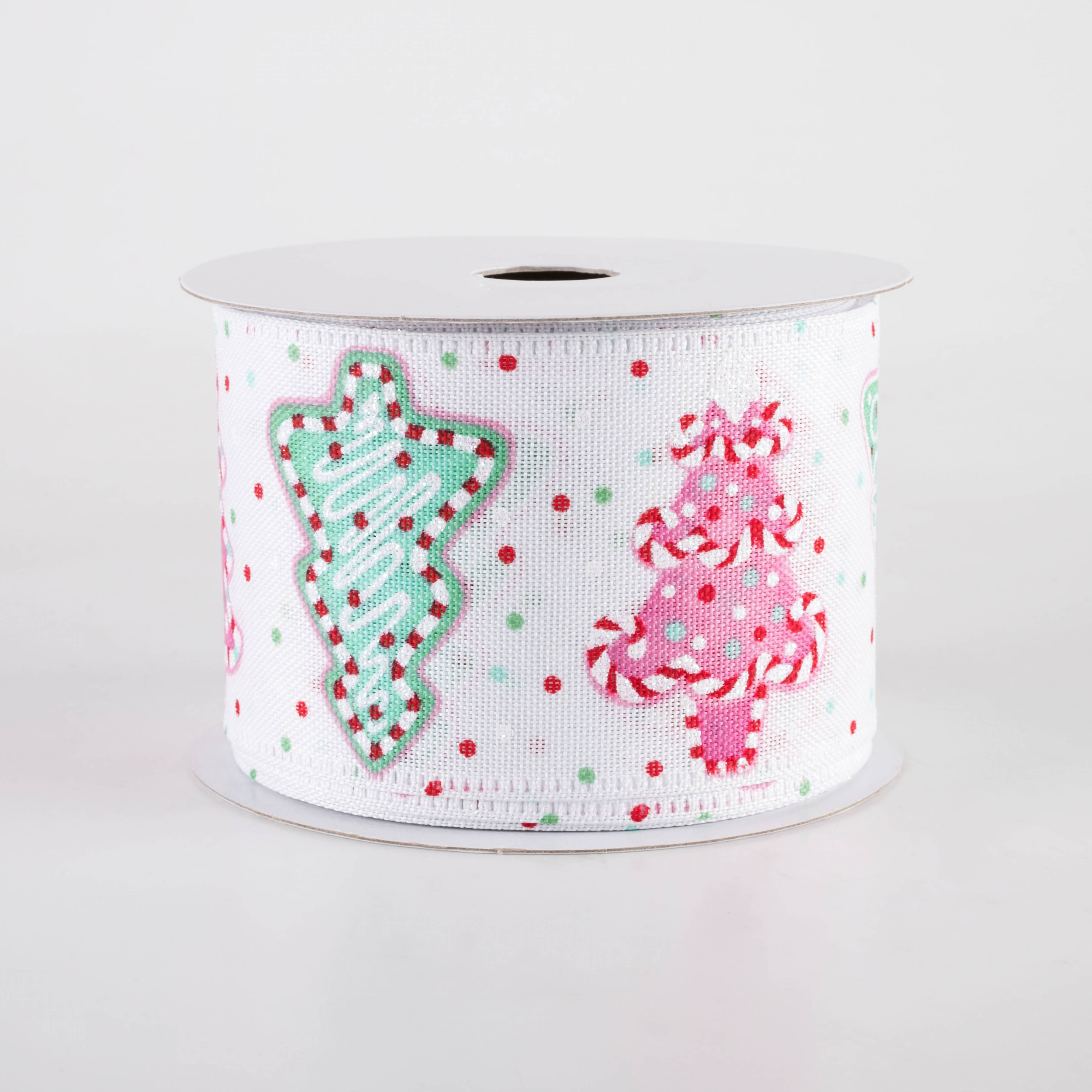 2.5" Linen Christmas Sprinkle Cookies Ribbon: Mint & Pink on White (10 Yards)