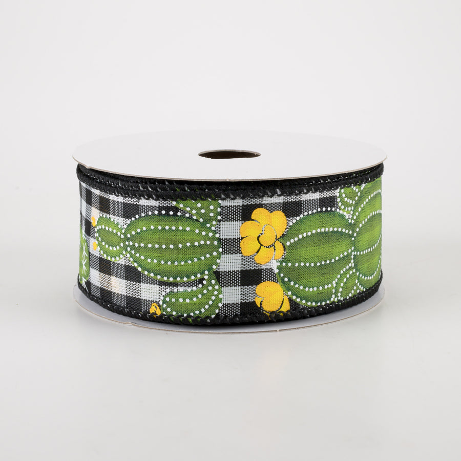 1.5" Cactus on Gingham Ribbon: Black & White (10 Yards) Item Number: 41251-09-21