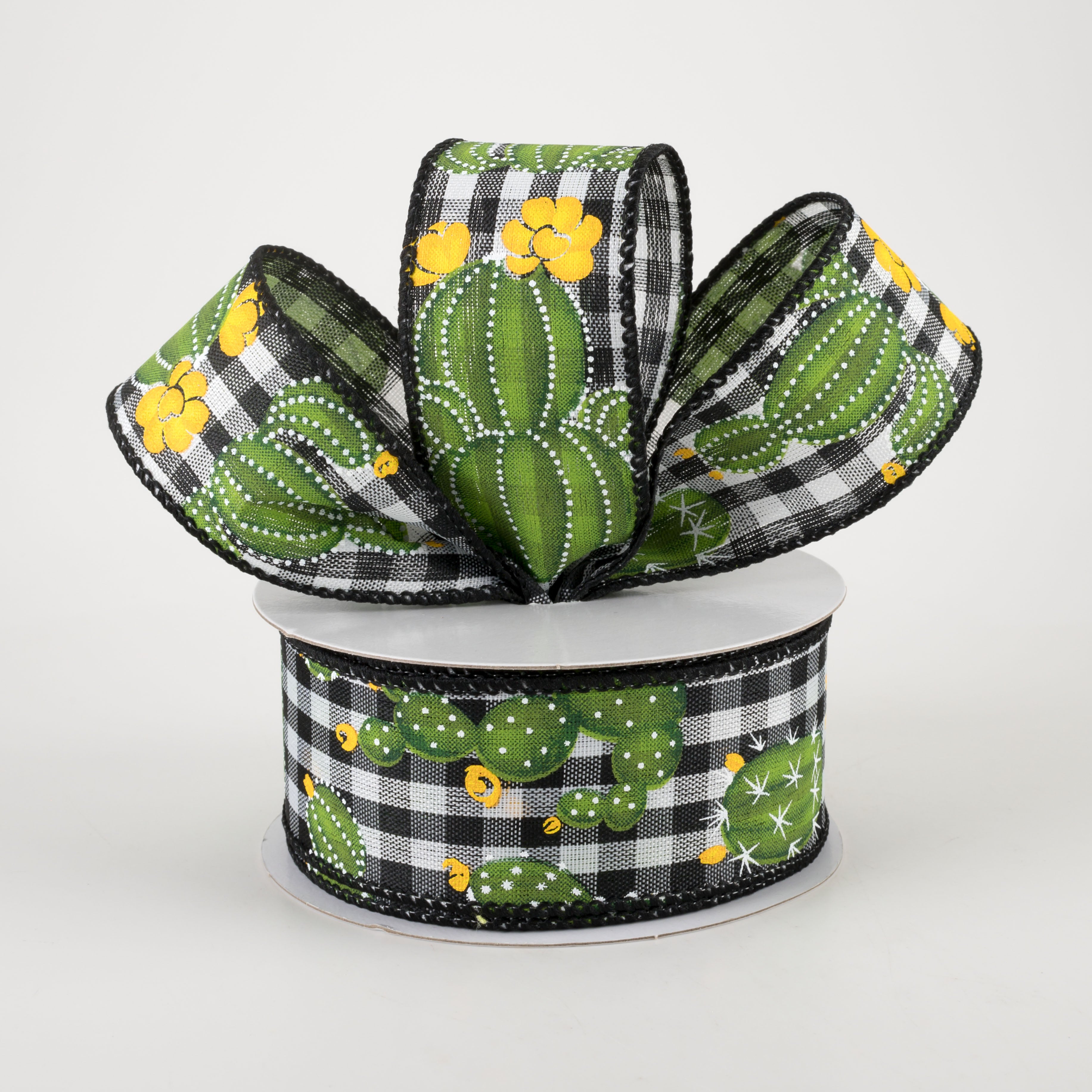 1.5" Cactus on Gingham Ribbon: Black & White (10 Yards) Lifestyle Photo