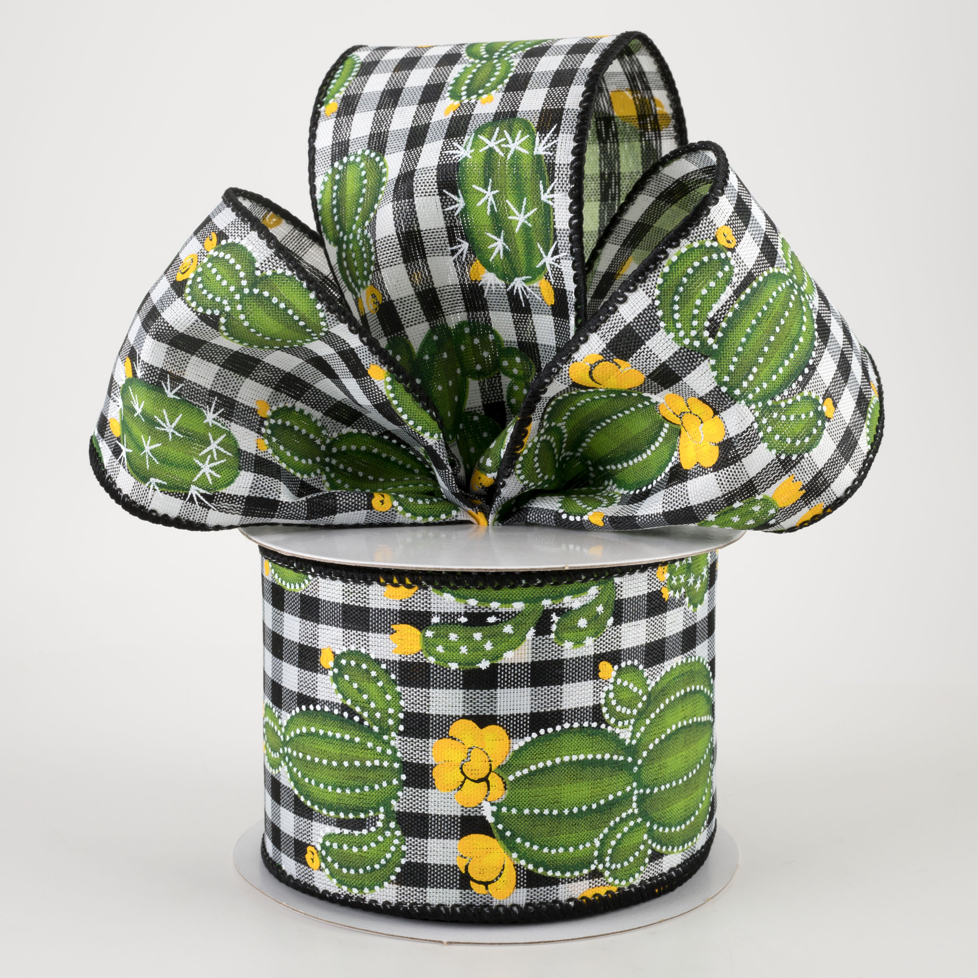 2.5" Cactus on Gingham Ribbon: Black & White (10 Yards) Lifestyle Photo