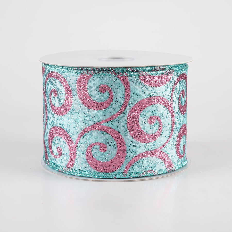 2.5" Ultra Glitter Swirls Ribbon: Pink on Aqua Teal Blue (10 Yards)