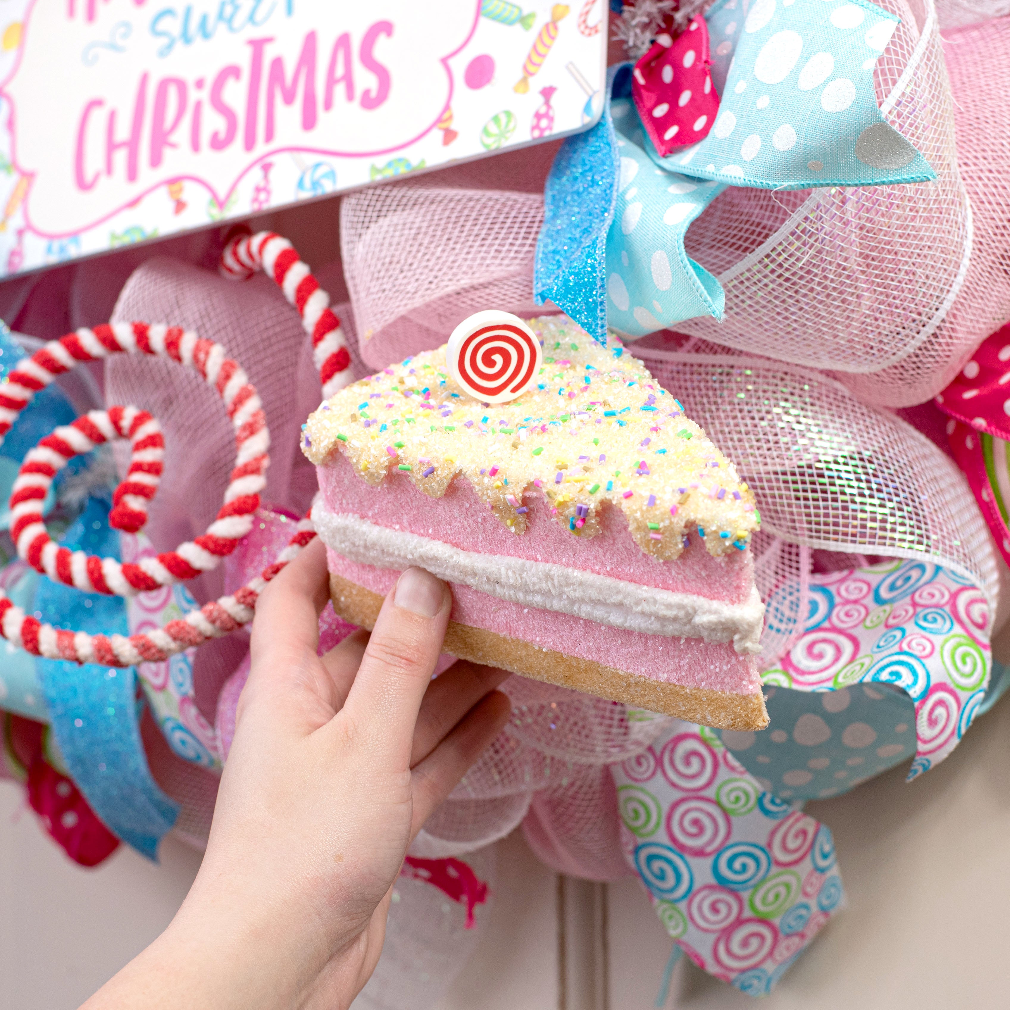 6" Cake Slice Ornament: Pink & Yellow Lifestyle Photo