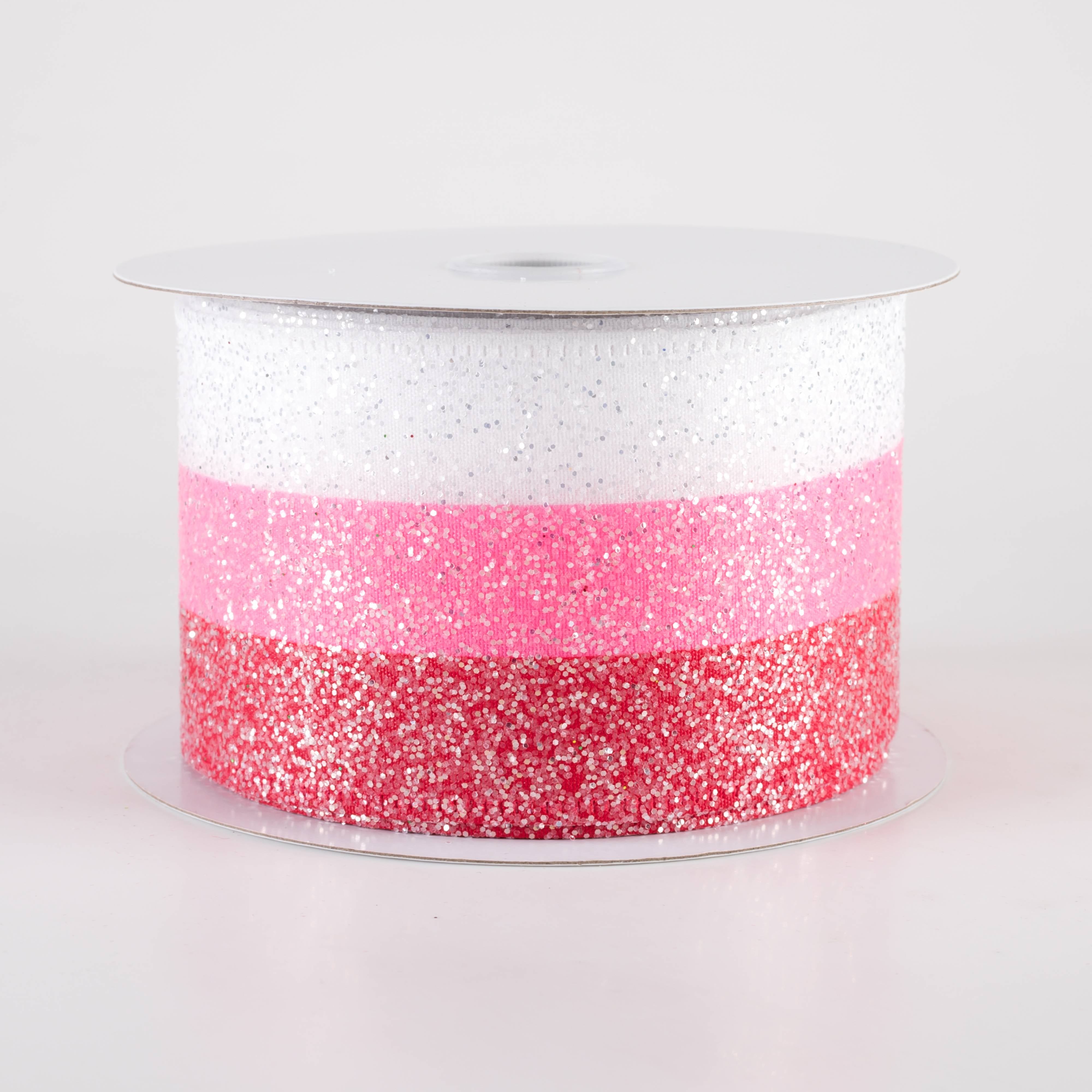 2.5" Candied Glittered Stripes Ribbon: Red, White & Pink (10 Yards) Item Number: 76358-40-13