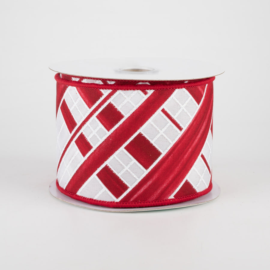 2.5" Candy Cane Plaid Ribbon: White & Red (10 Yards)