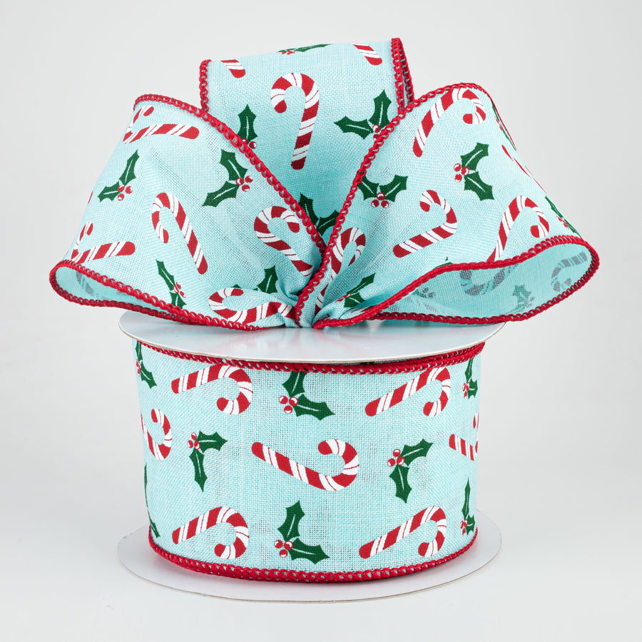 2.5" Candy Canes & Holly Ribbon: Ice Blue (10 Yards) Lifestyle Photo