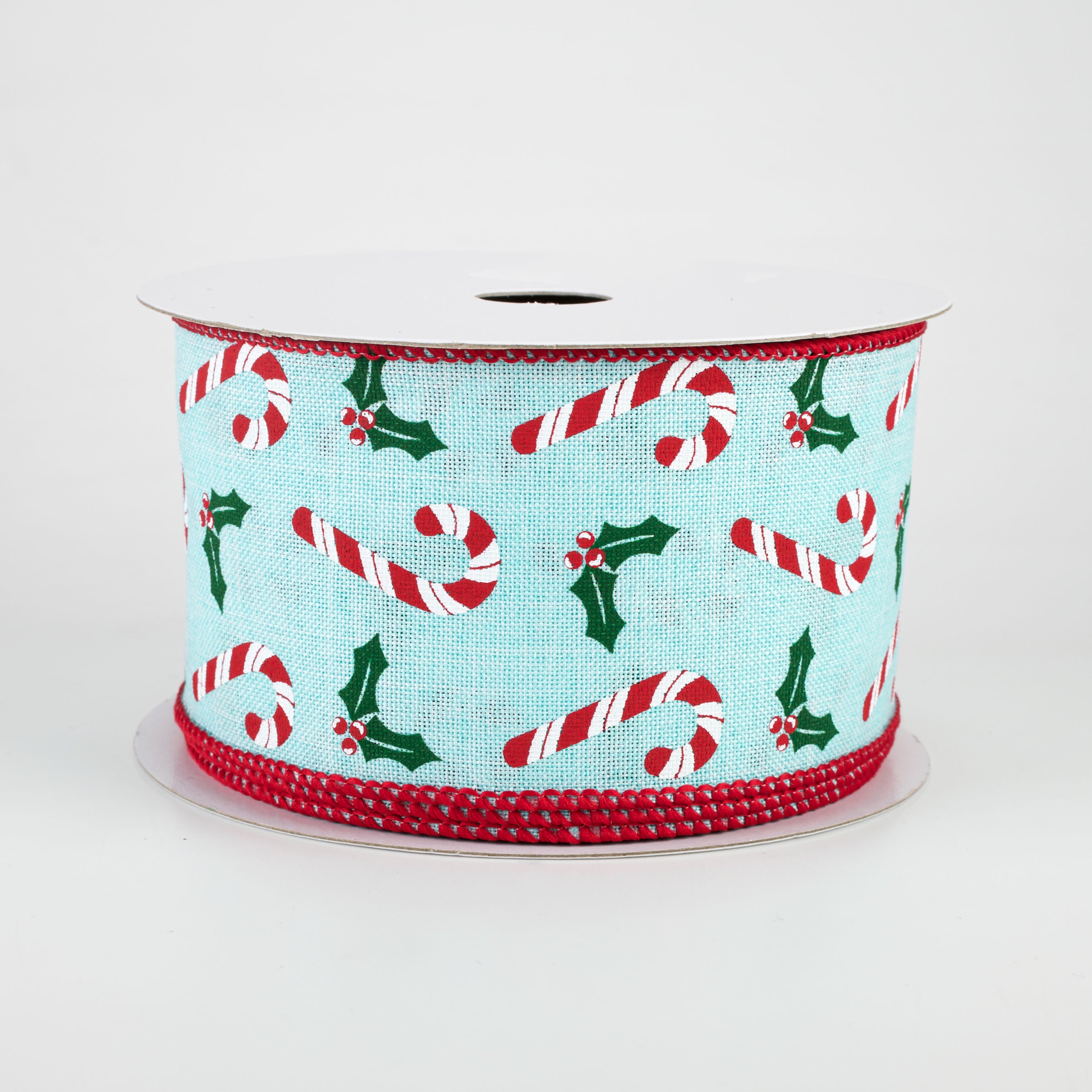 2.5" Candy Canes & Holly Ribbon: Ice Blue (10 Yards)